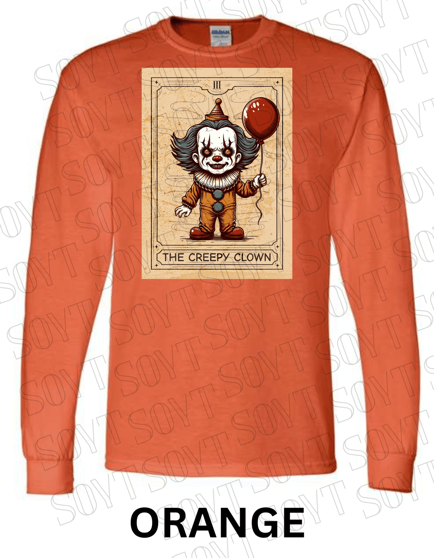 "The Creepy Clown" Long Sleeve Halloween Shirt – Vintage Pennywise - Inspired Tarot Horror Tee - Festive Apparel StoreOrange