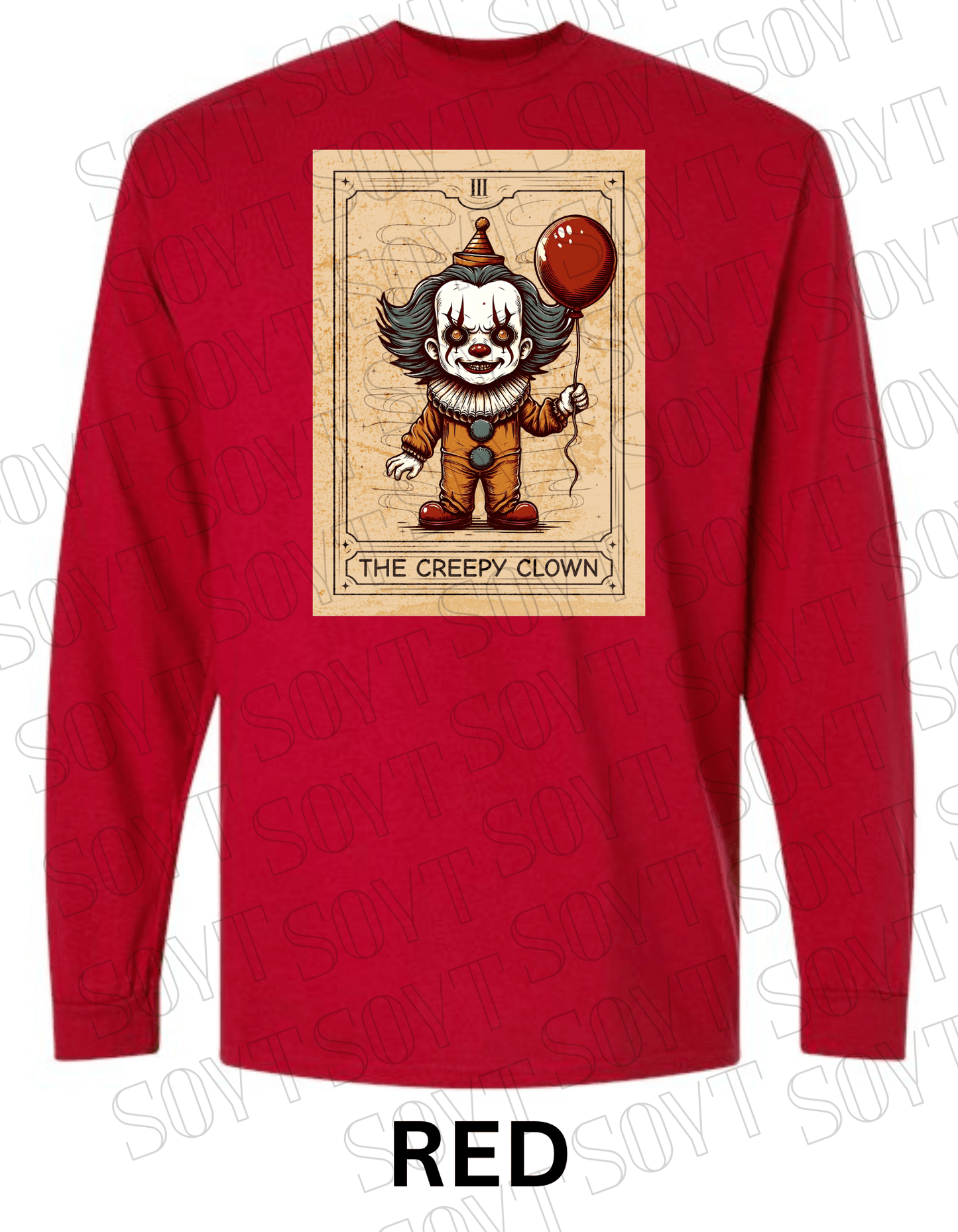 "The Creepy Clown" Long Sleeve Halloween Shirt – Vintage Pennywise - Inspired Tarot Horror Tee - Festive Apparel StoreRed