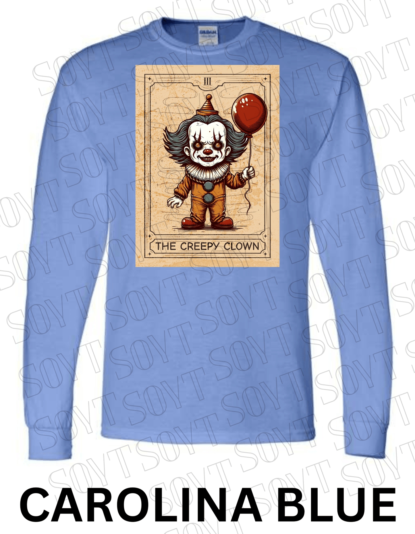 "The Creepy Clown" Long Sleeve Halloween Shirt – Vintage Pennywise - Inspired Tarot Horror Tee - Festive Apparel StoreCarolina Blue