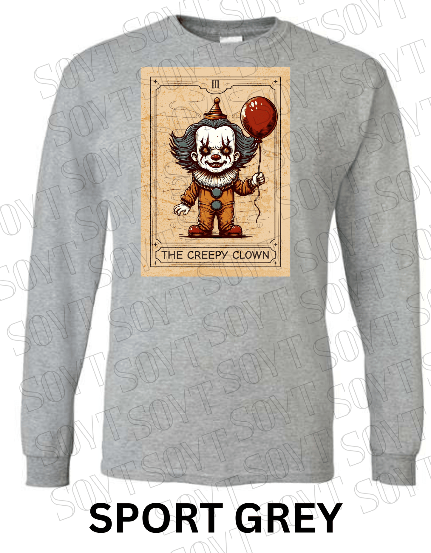 "The Creepy Clown" Long Sleeve Halloween Shirt – Vintage Pennywise - Inspired Tarot Horror Tee - Festive Apparel StoreSport Grey