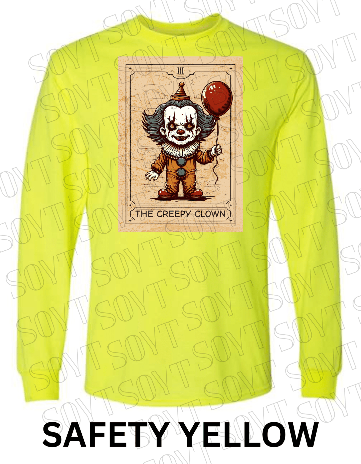"The Creepy Clown" Long Sleeve Halloween Shirt – Vintage Pennywise - Inspired Tarot Horror Tee - Festive Apparel StoreSafety Yellow