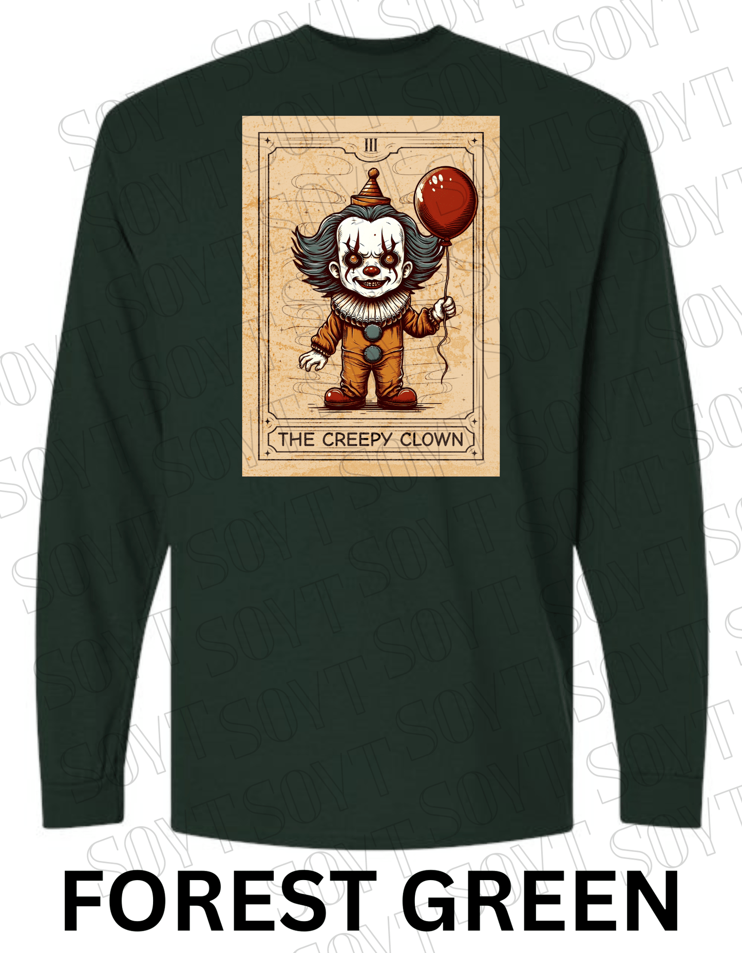 "The Creepy Clown" Long Sleeve Halloween Shirt – Vintage Pennywise - Inspired Tarot Horror Tee - Festive Apparel StoreForest Green