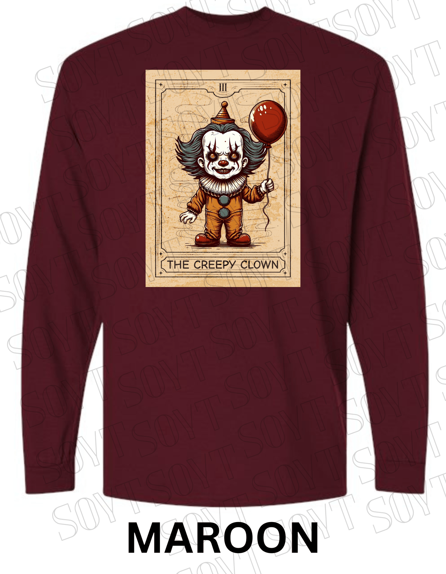 "The Creepy Clown" Long Sleeve Halloween Shirt – Vintage Pennywise - Inspired Tarot Horror Tee - Festive Apparel StoreMaroon