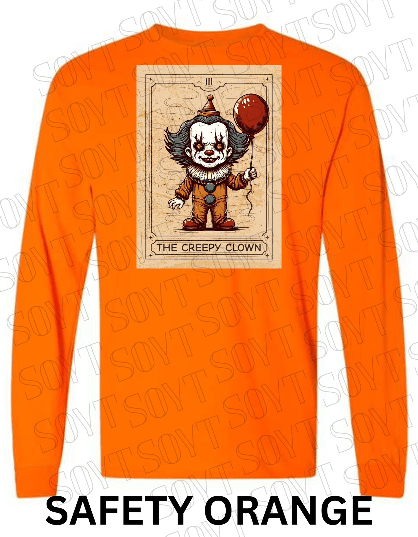 "The Creepy Clown" Long Sleeve Halloween Shirt – Vintage Pennywise - Inspired Tarot Horror Tee - Festive Apparel StoreSafety Orange