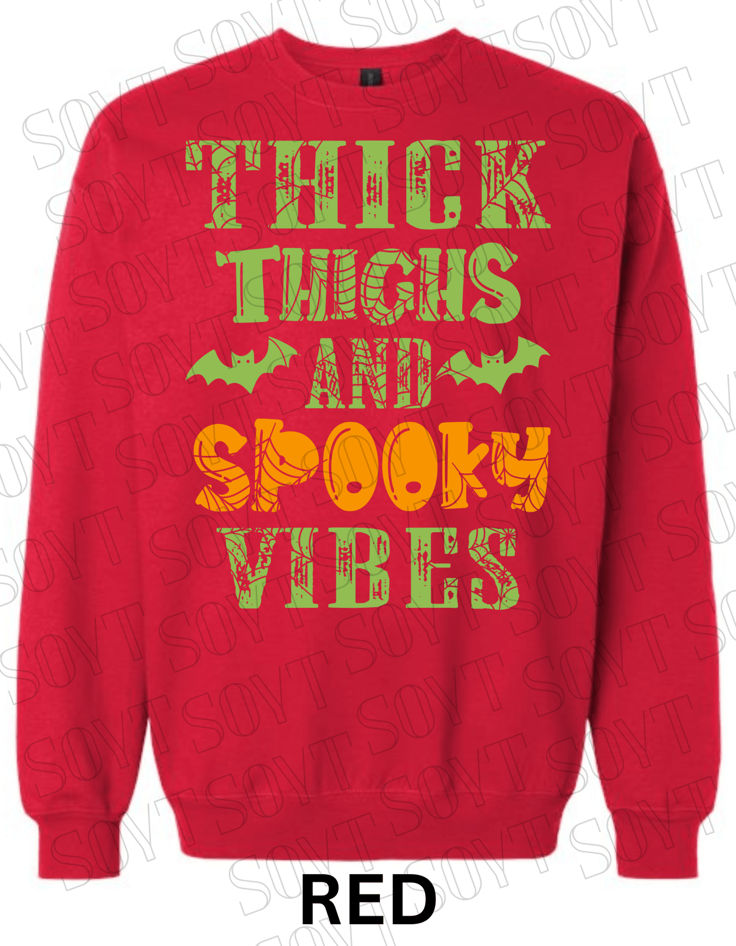 "Thick Thighs and Spooky Vibes" Halloween Sweatshirt – Curvy Girl Fall Fleece with Spiderweb & Bat Graphic - Festive Apparel StoreRed