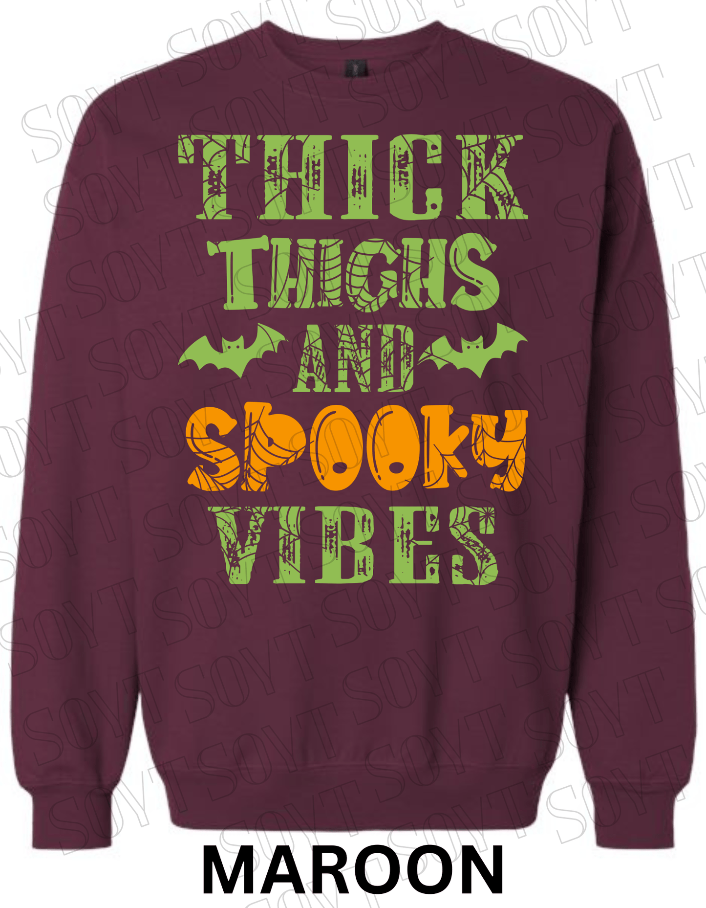 "Thick Thighs and Spooky Vibes" Halloween Sweatshirt – Curvy Girl Fall Fleece with Spiderweb & Bat Graphic - Festive Apparel StoreMaroon