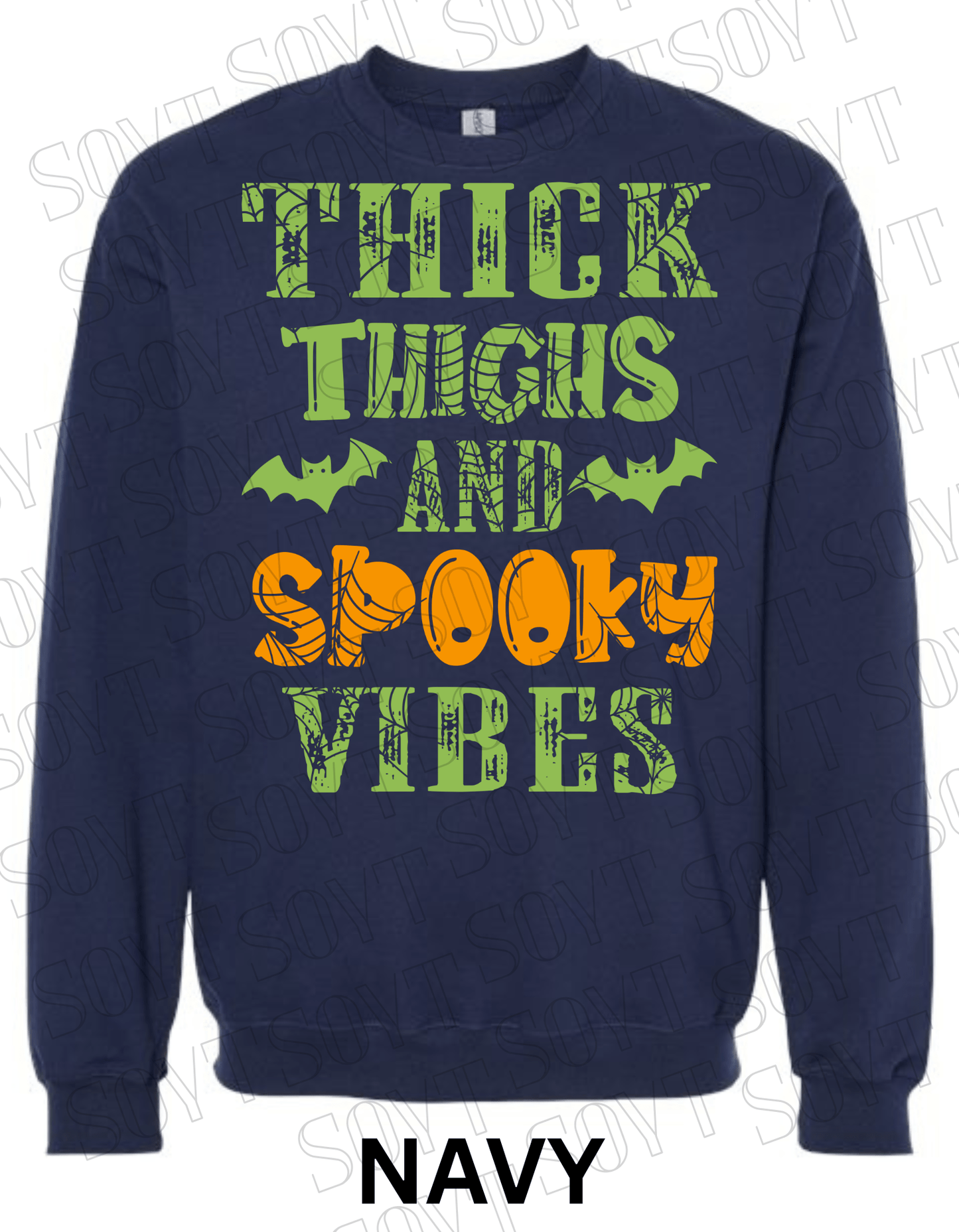 "Thick Thighs and Spooky Vibes" Halloween Sweatshirt – Curvy Girl Fall Fleece with Spiderweb & Bat Graphic - Festive Apparel StoreNavy Blue