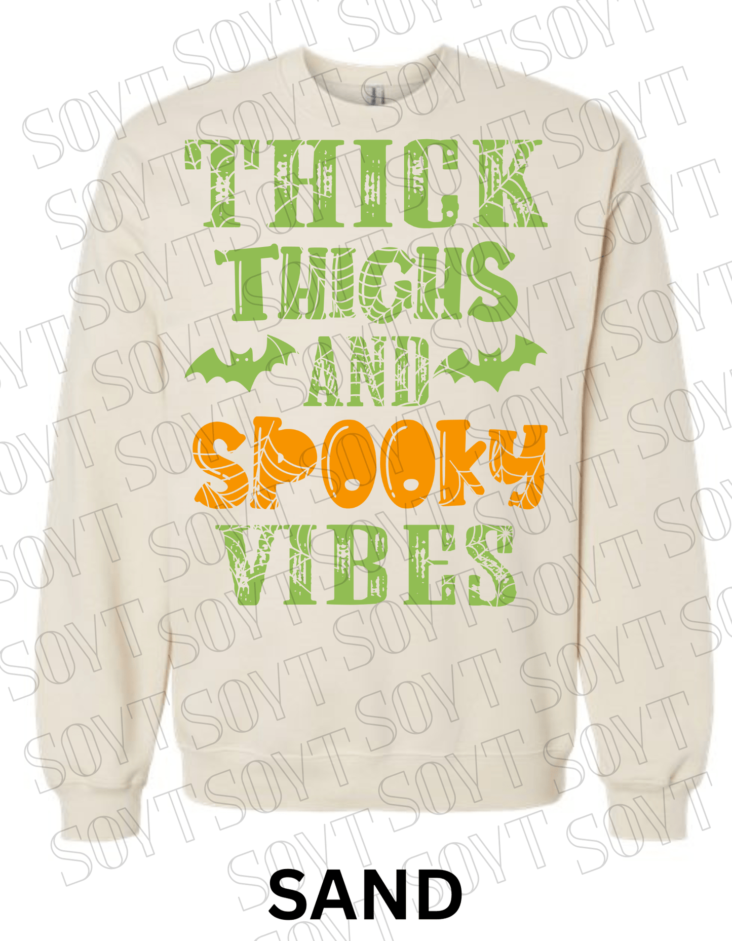 "Thick Thighs and Spooky Vibes" Halloween Sweatshirt – Curvy Girl Fall Fleece with Spiderweb & Bat Graphic - Festive Apparel StoreSand