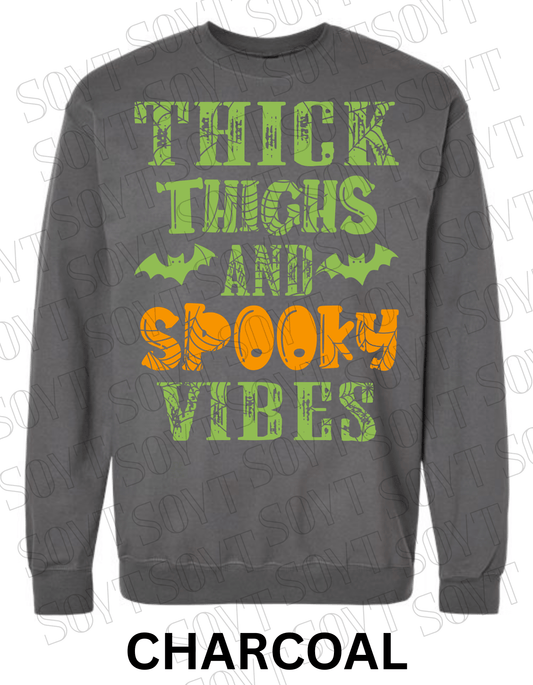 "Thick Thighs and Spooky Vibes" Halloween Sweatshirt – Curvy Girl Fall Fleece with Spiderweb & Bat Graphic - Festive Apparel StoreCharcoal
