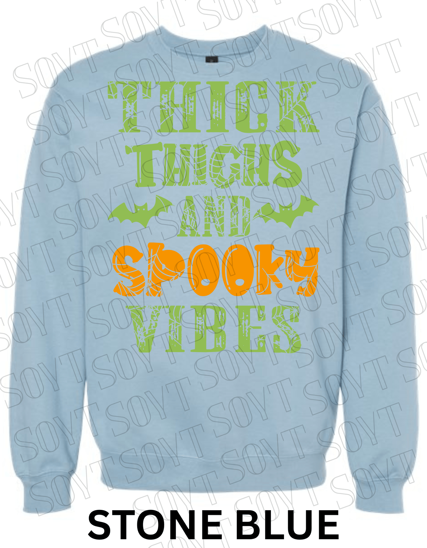 "Thick Thighs and Spooky Vibes" Halloween Sweatshirt – Curvy Girl Fall Fleece with Spiderweb & Bat Graphic - Festive Apparel StoreStone Blue