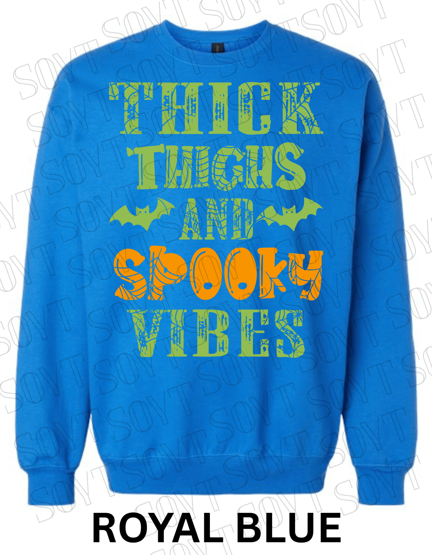 "Thick Thighs and Spooky Vibes" Halloween Sweatshirt – Curvy Girl Fall Fleece with Spiderweb & Bat Graphic - Festive Apparel StoreRoyal Blue