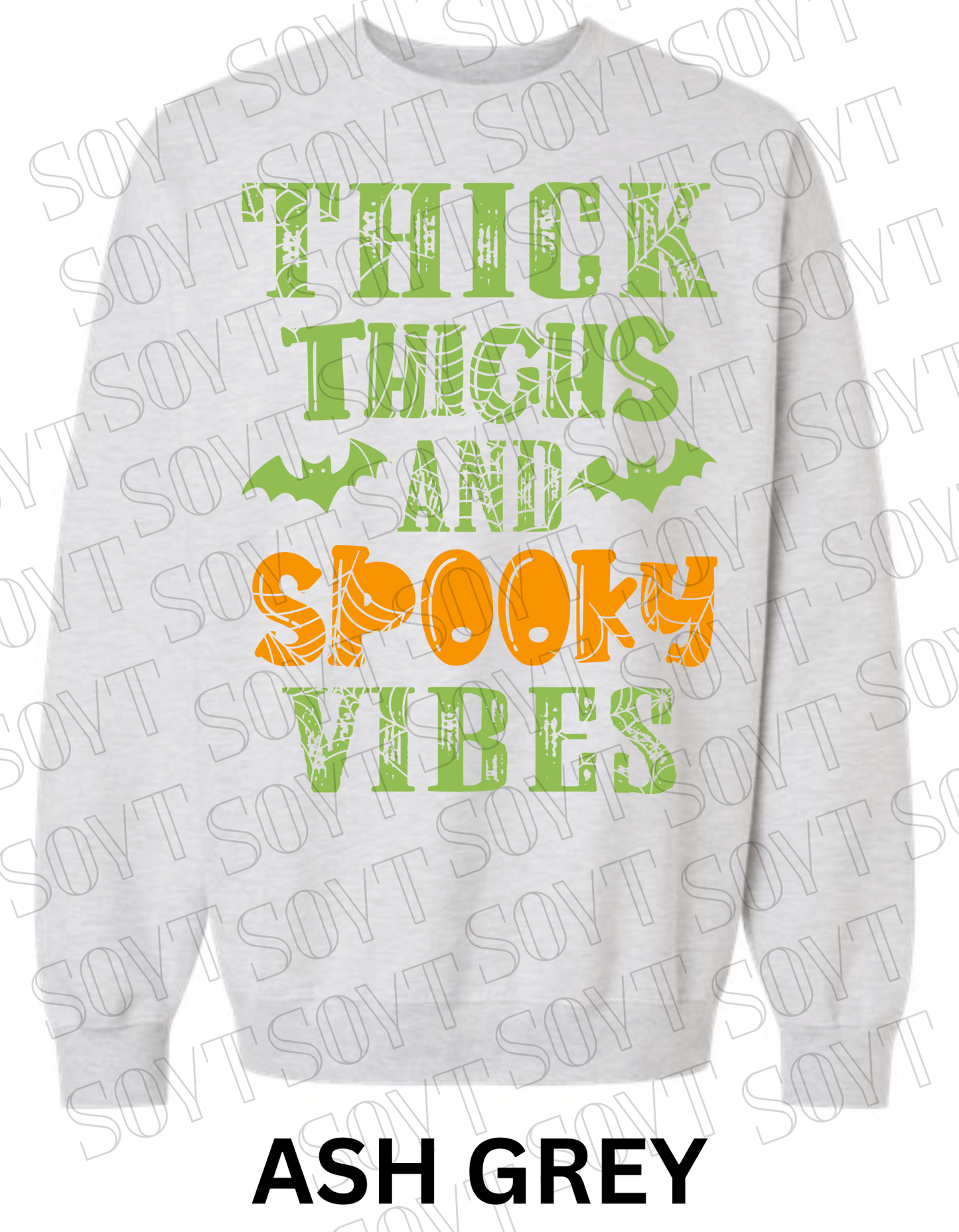 "Thick Thighs and Spooky Vibes" Halloween Sweatshirt – Curvy Girl Fall Fleece with Spiderweb & Bat Graphic - Festive Apparel StoreAsh Grey
