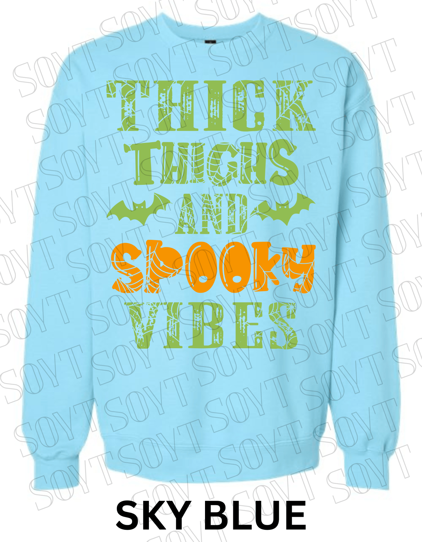 "Thick Thighs and Spooky Vibes" Halloween Sweatshirt – Curvy Girl Fall Fleece with Spiderweb & Bat Graphic - Festive Apparel StoreSky Blue