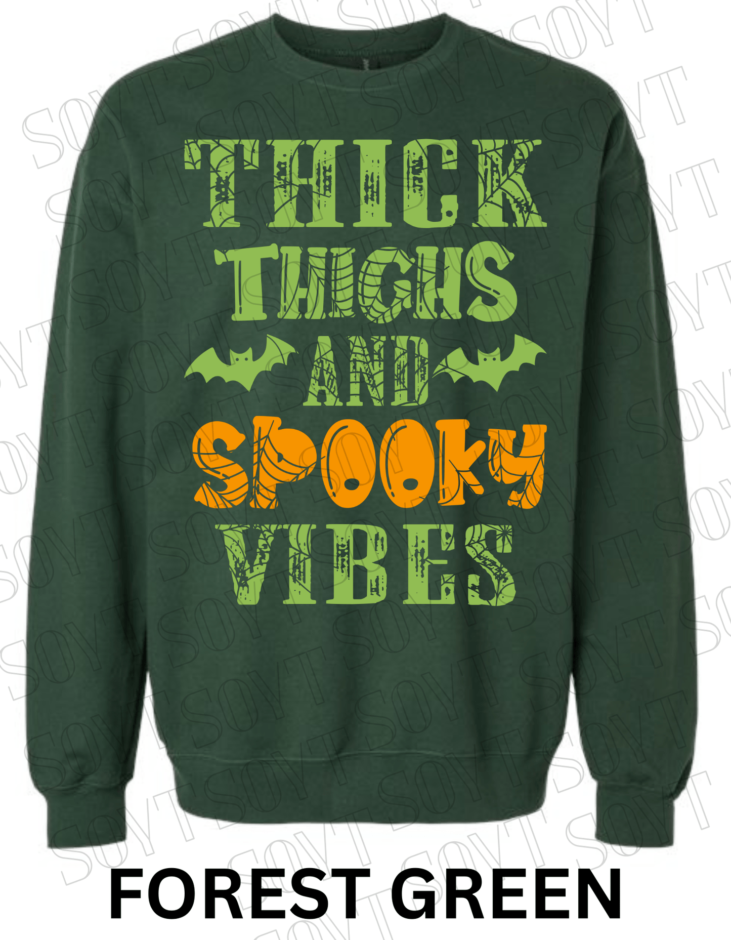 "Thick Thighs and Spooky Vibes" Halloween Sweatshirt – Curvy Girl Fall Fleece with Spiderweb & Bat Graphic - Festive Apparel StoreForest Green