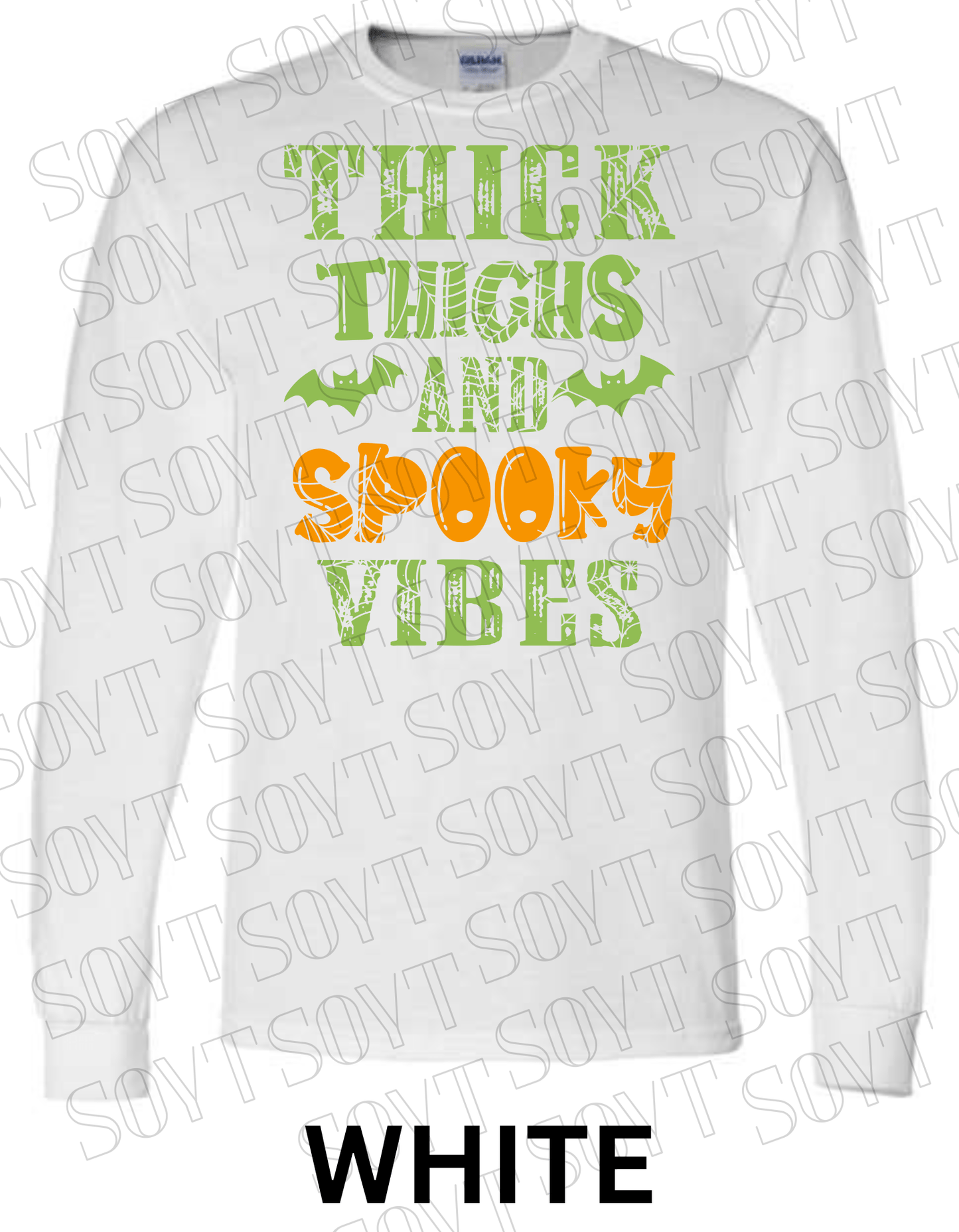 "Thick Thighs and Spooky Vibes" Long Sleeve Shirt – Halloween Spiderweb & Bat Graphic Tee - Festive Apparel StoreWhite