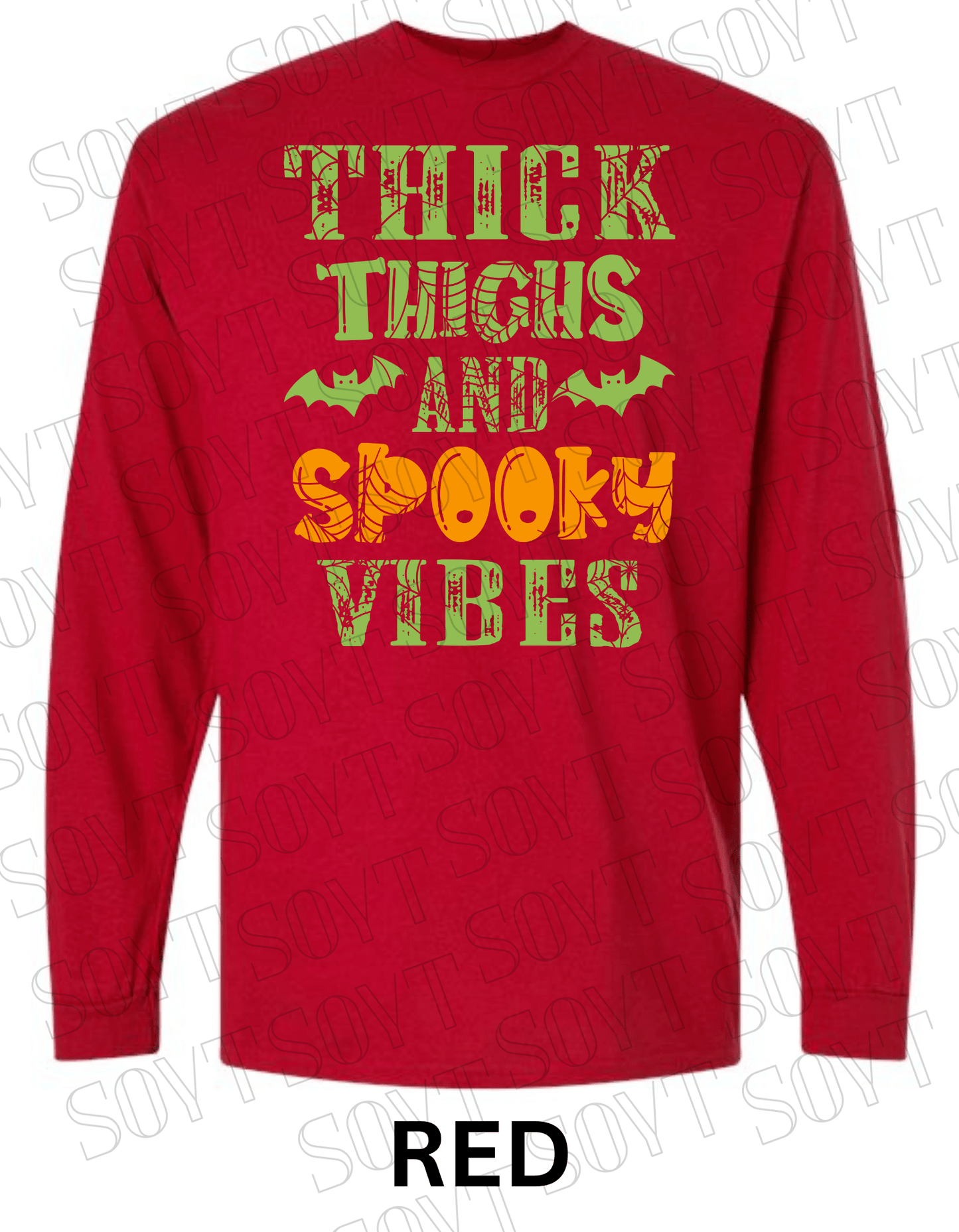 "Thick Thighs and Spooky Vibes" Long Sleeve Shirt – Halloween Spiderweb & Bat Graphic Tee - Festive Apparel StoreRed
