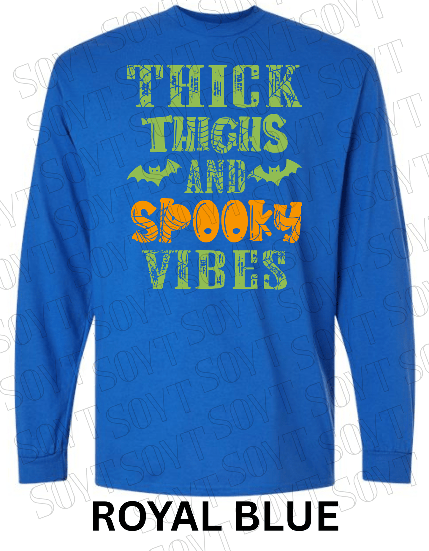 "Thick Thighs and Spooky Vibes" Long Sleeve Shirt – Halloween Spiderweb & Bat Graphic Tee - Festive Apparel StoreRoyal Blue