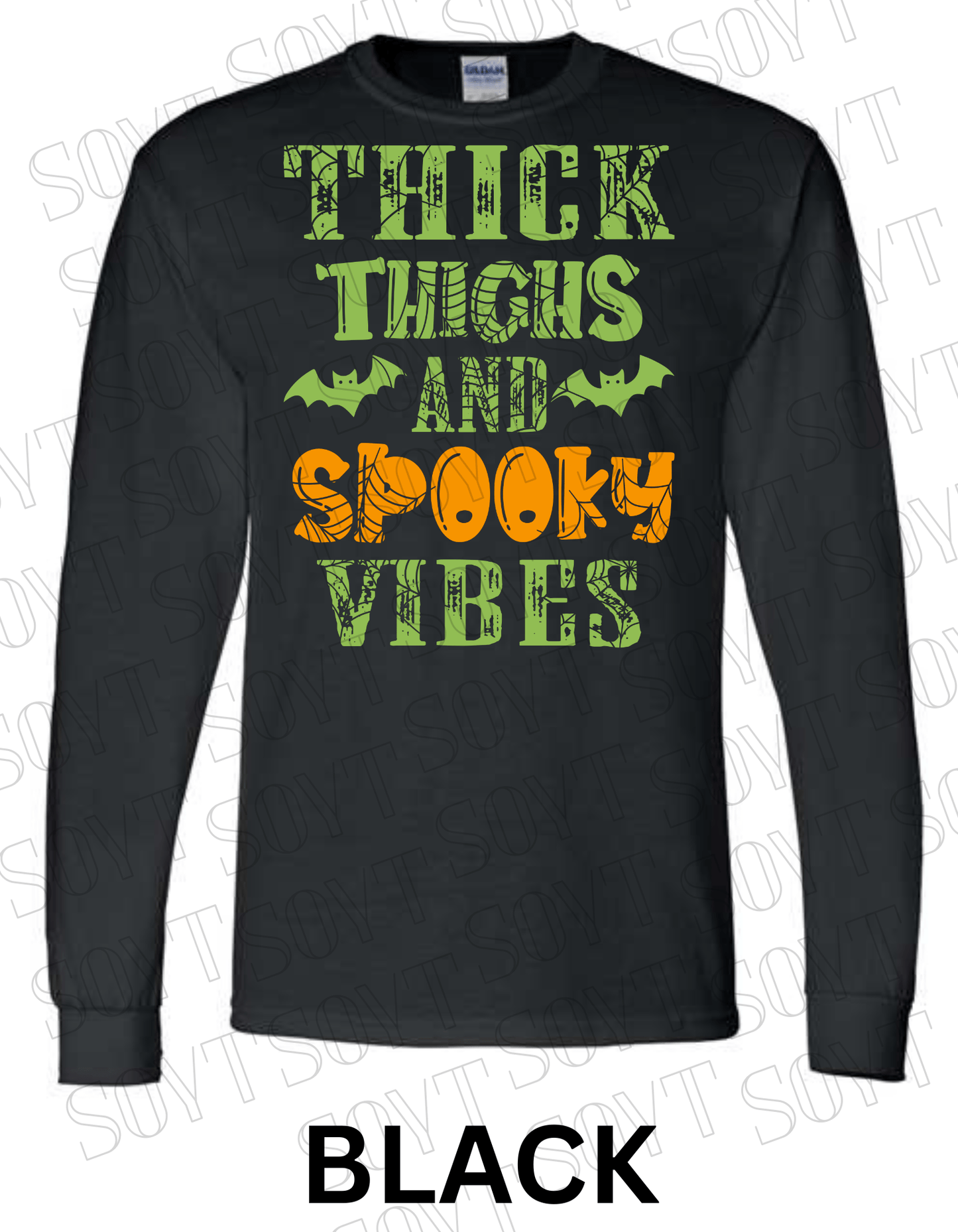 "Thick Thighs and Spooky Vibes" Long Sleeve Shirt – Halloween Spiderweb & Bat Graphic Tee - Festive Apparel StoreBlack