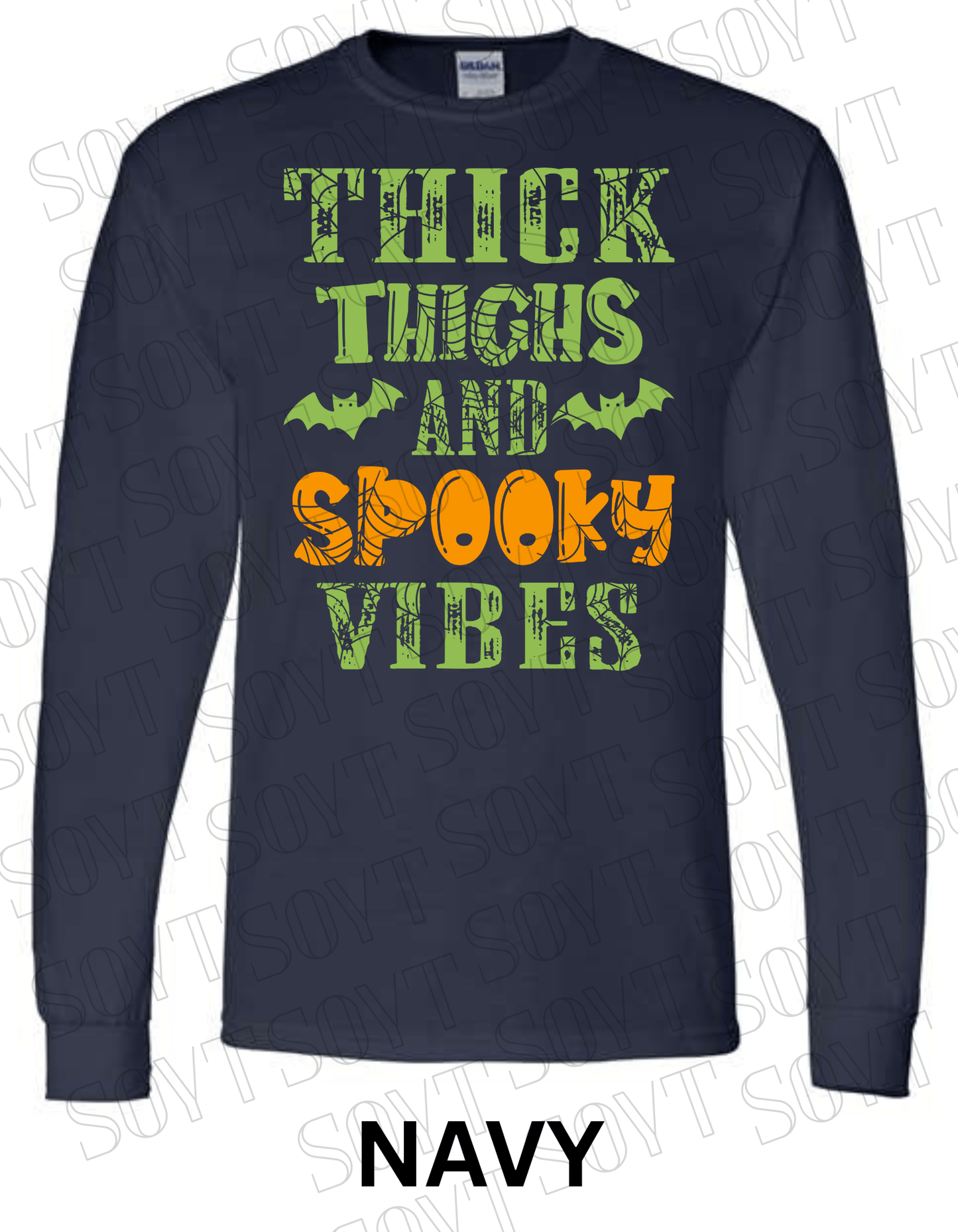"Thick Thighs and Spooky Vibes" Long Sleeve Shirt – Halloween Spiderweb & Bat Graphic Tee - Festive Apparel StoreNavy Blue