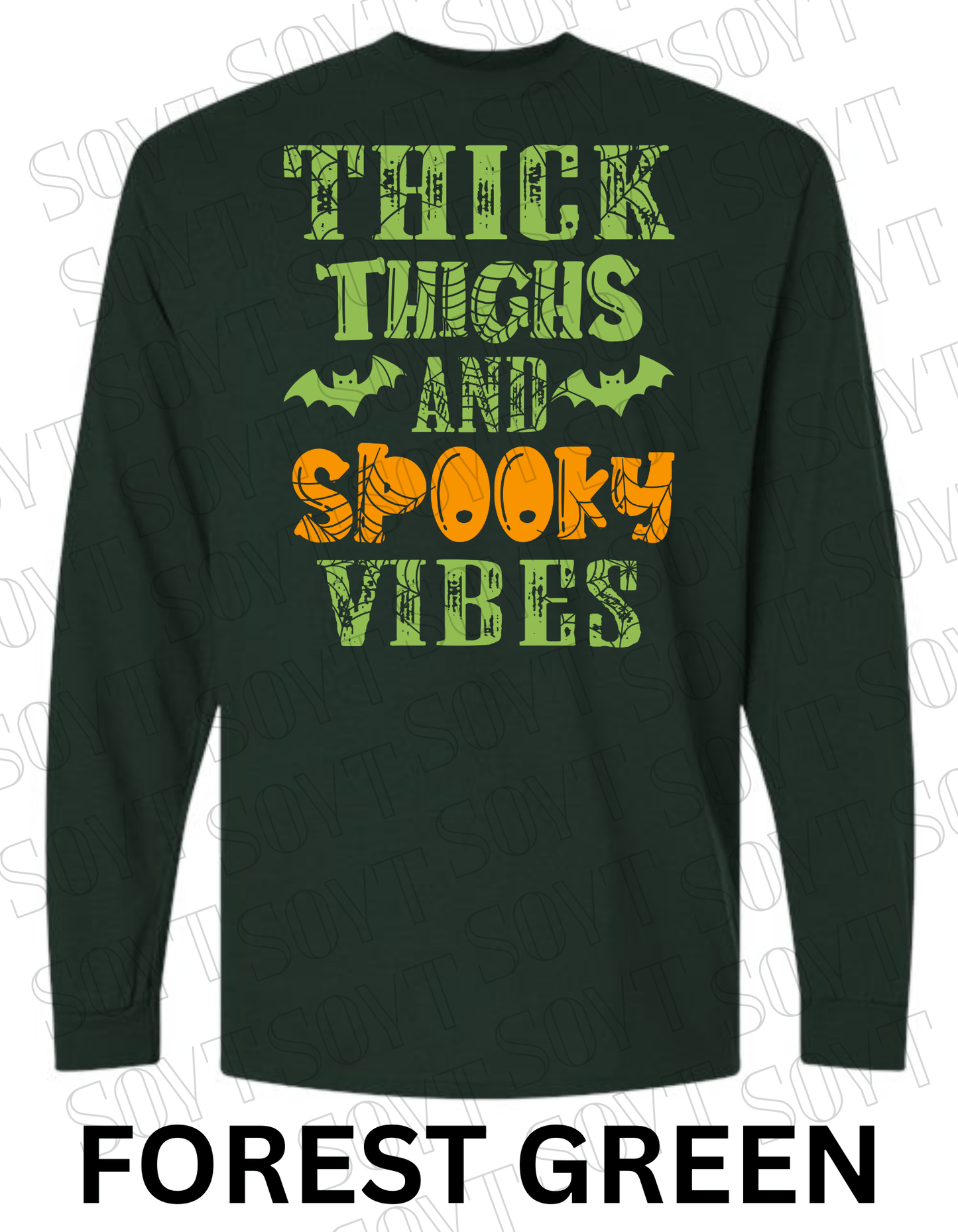 "Thick Thighs and Spooky Vibes" Long Sleeve Shirt – Halloween Spiderweb & Bat Graphic Tee - Festive Apparel StoreForest Green