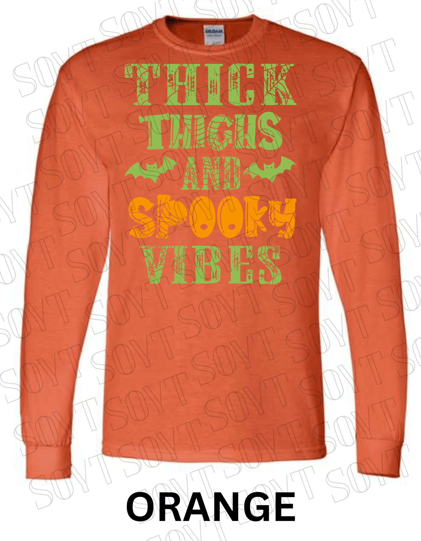 "Thick Thighs and Spooky Vibes" Long Sleeve Shirt – Halloween Spiderweb & Bat Graphic Tee - Festive Apparel StoreOrange