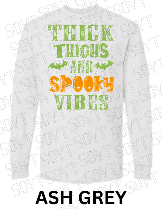 "Thick Thighs and Spooky Vibes" Long Sleeve Shirt – Halloween Spiderweb & Bat Graphic Tee - Festive Apparel StoreAsh Gray