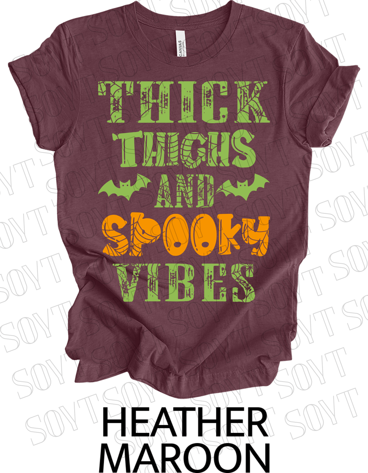 "Thick Thighs and Spooky Vibes" T-Shirt – Halloween Spiderweb & Bat Graphic Tee - Festive Apparel StoreHeather Maroon