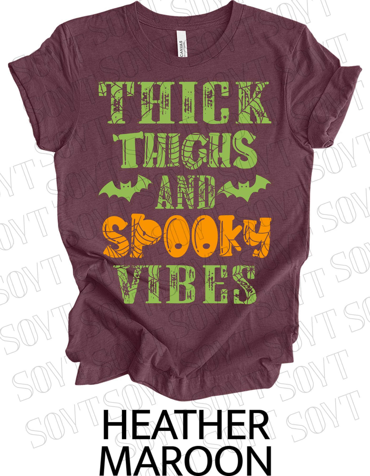 "Thick Thighs and Spooky Vibes" T-Shirt – Halloween Spiderweb & Bat Graphic Tee - Festive Apparel StoreHeather Maroon