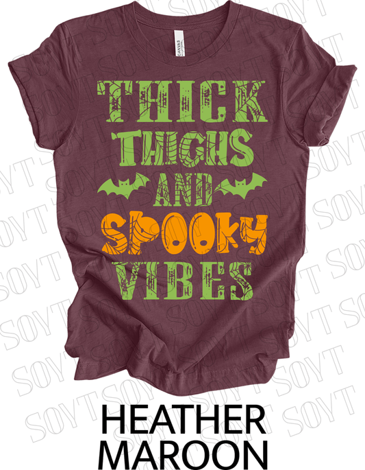 "Thick Thighs and Spooky Vibes" T-Shirt – Halloween Spiderweb & Bat Graphic Tee - Festive Apparel StoreHeather Maroon