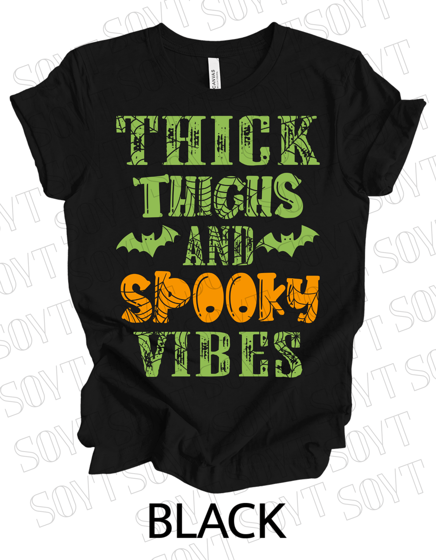 "Thick Thighs and Spooky Vibes" T-Shirt – Halloween Spiderweb & Bat Graphic Tee - Festive Apparel StoreBlack