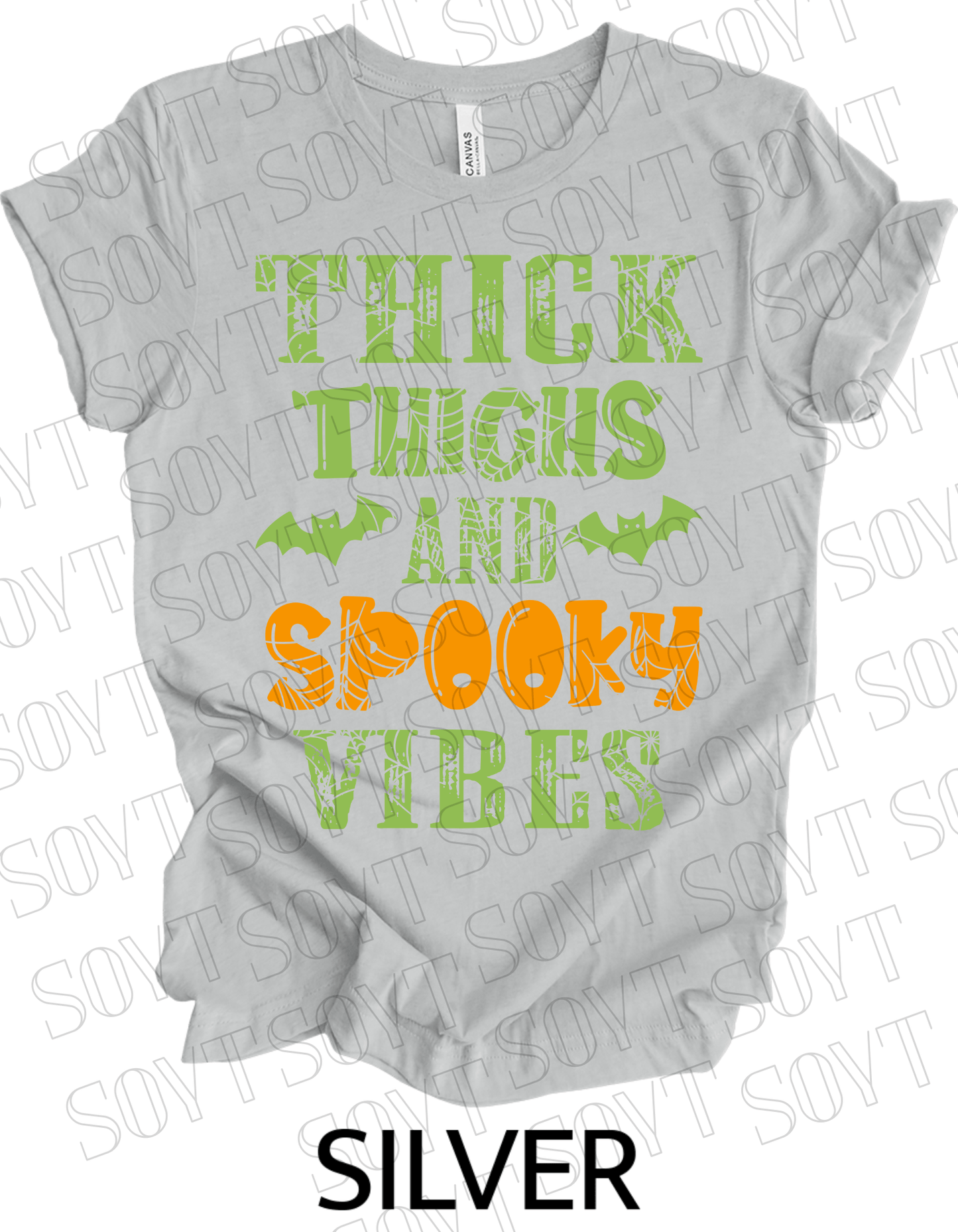 "Thick Thighs and Spooky Vibes" T-Shirt – Halloween Spiderweb & Bat Graphic Tee - Festive Apparel StoreSilver