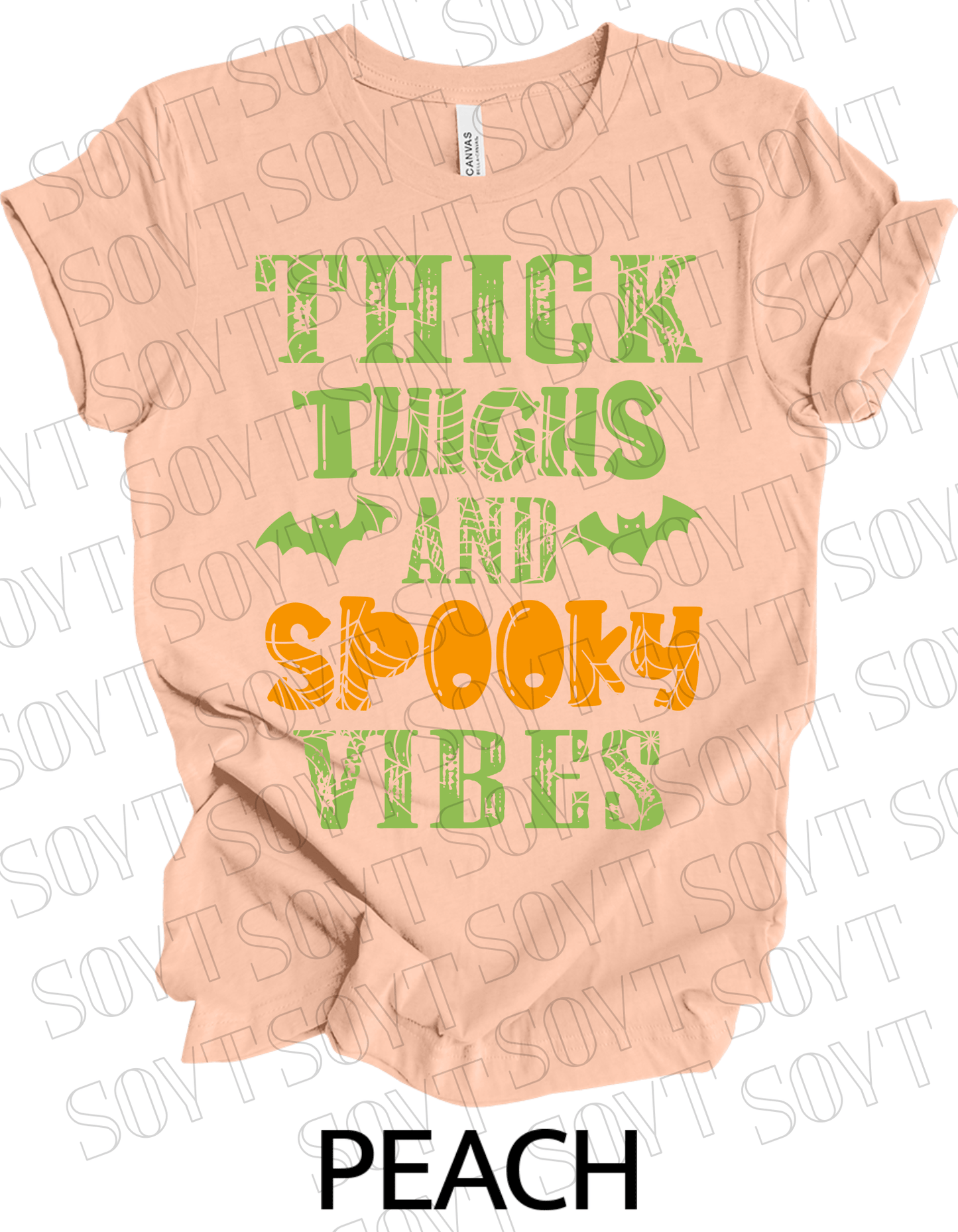 "Thick Thighs and Spooky Vibes" T-Shirt – Halloween Spiderweb & Bat Graphic Tee - Festive Apparel StorePeach