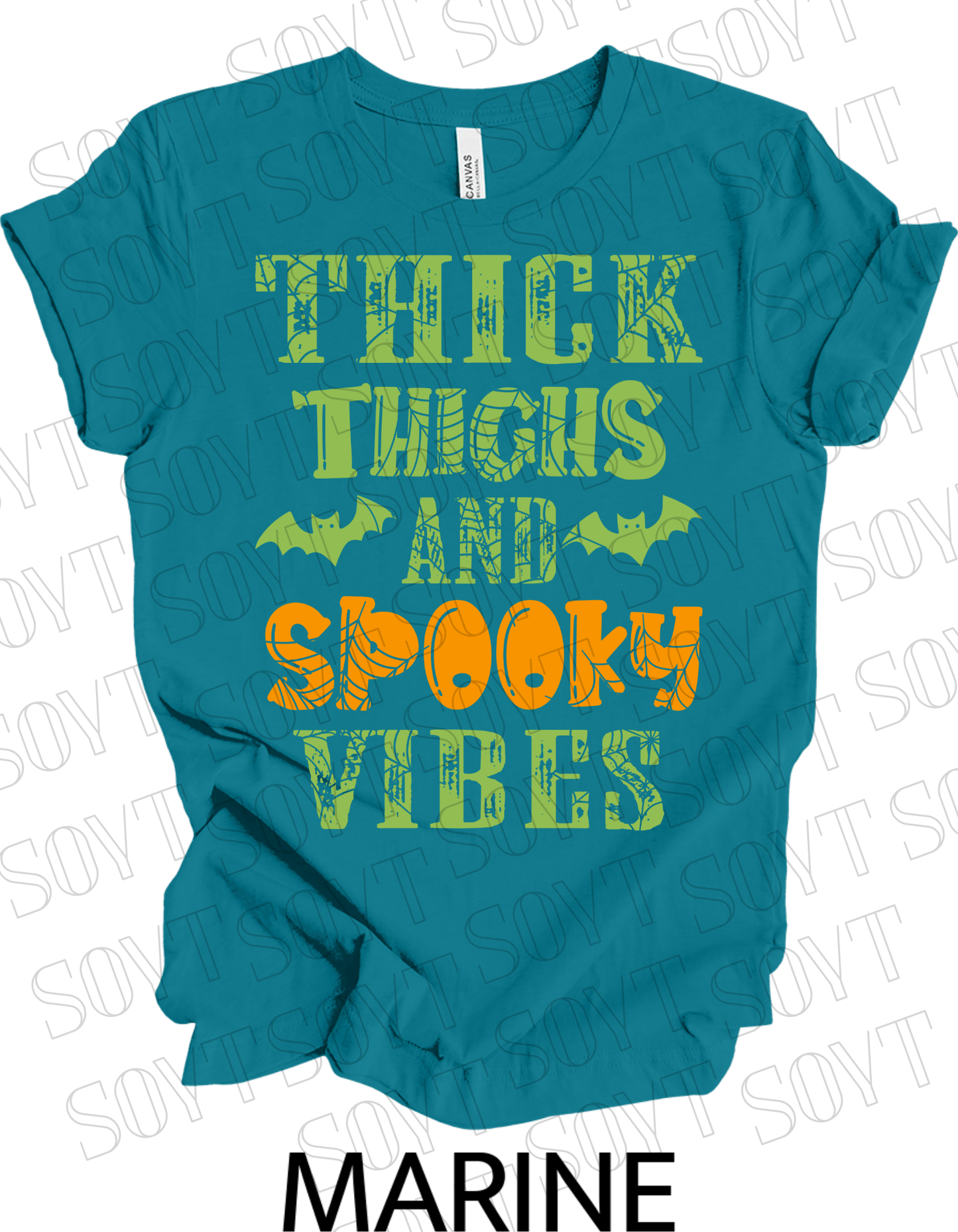 "Thick Thighs and Spooky Vibes" T-Shirt – Halloween Spiderweb & Bat Graphic Tee - Festive Apparel StoreMarine