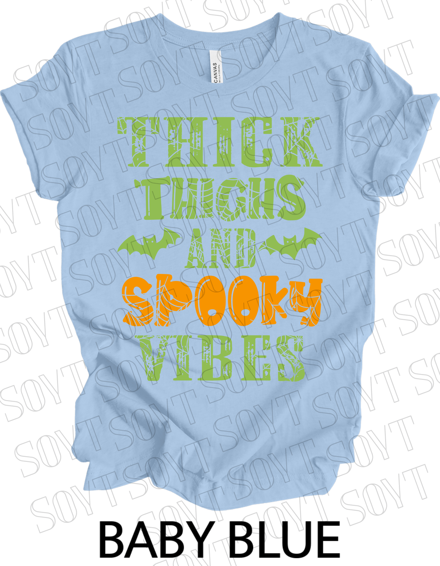 "Thick Thighs and Spooky Vibes" T-Shirt – Halloween Spiderweb & Bat Graphic Tee - Festive Apparel StoreBaby Blue