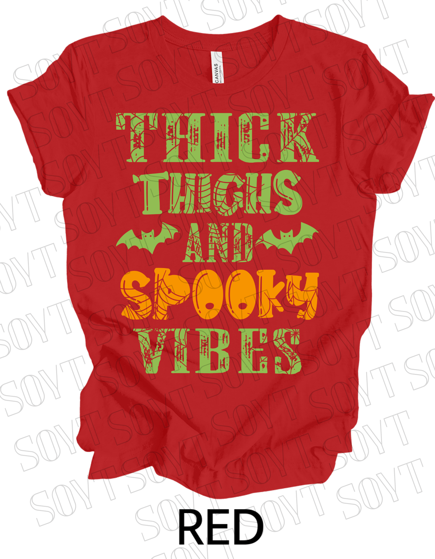 "Thick Thighs and Spooky Vibes" T-Shirt – Halloween Spiderweb & Bat Graphic Tee - Festive Apparel StoreRed