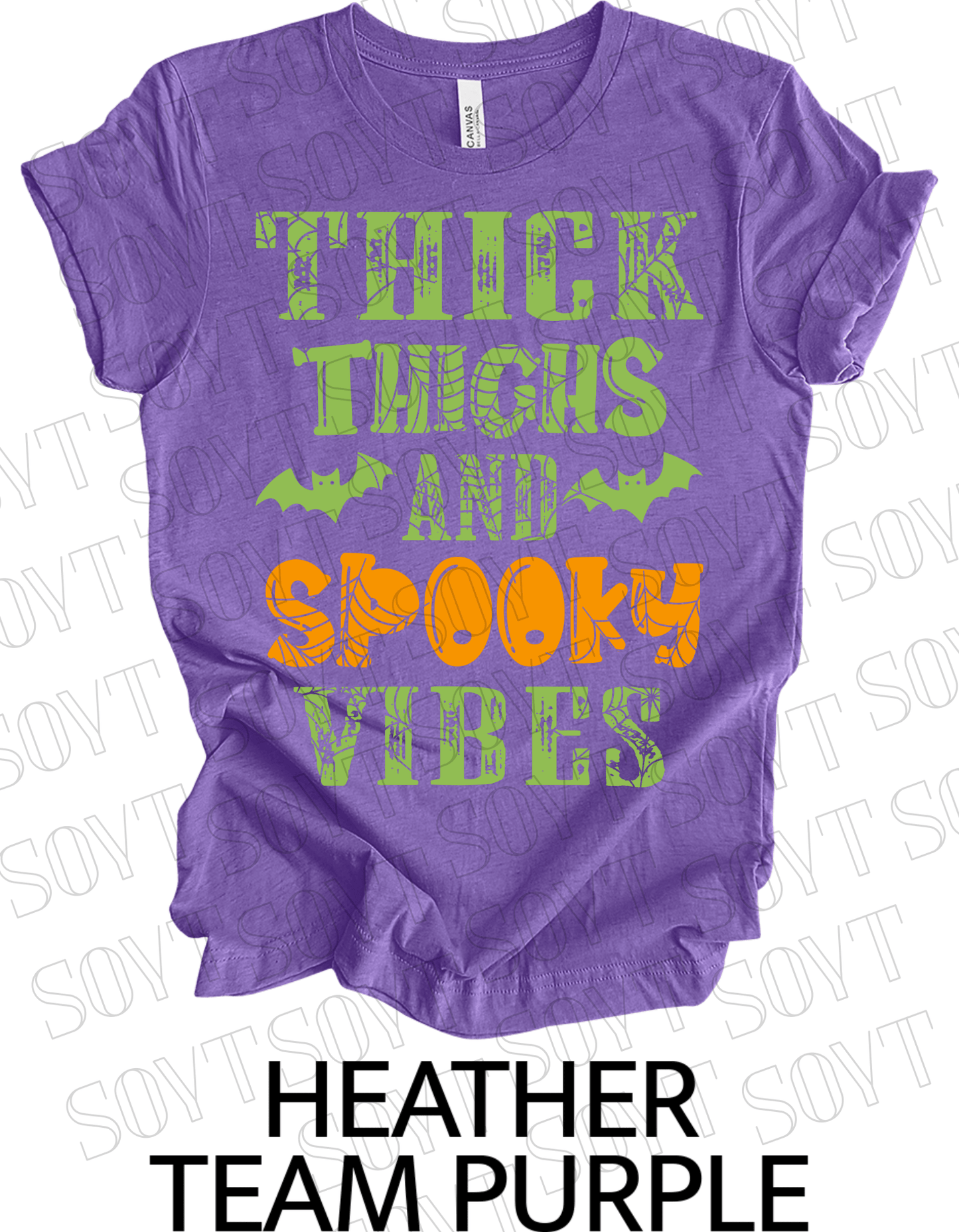 "Thick Thighs and Spooky Vibes" T-Shirt – Halloween Spiderweb & Bat Graphic Tee - Festive Apparel StoreHeather Purple