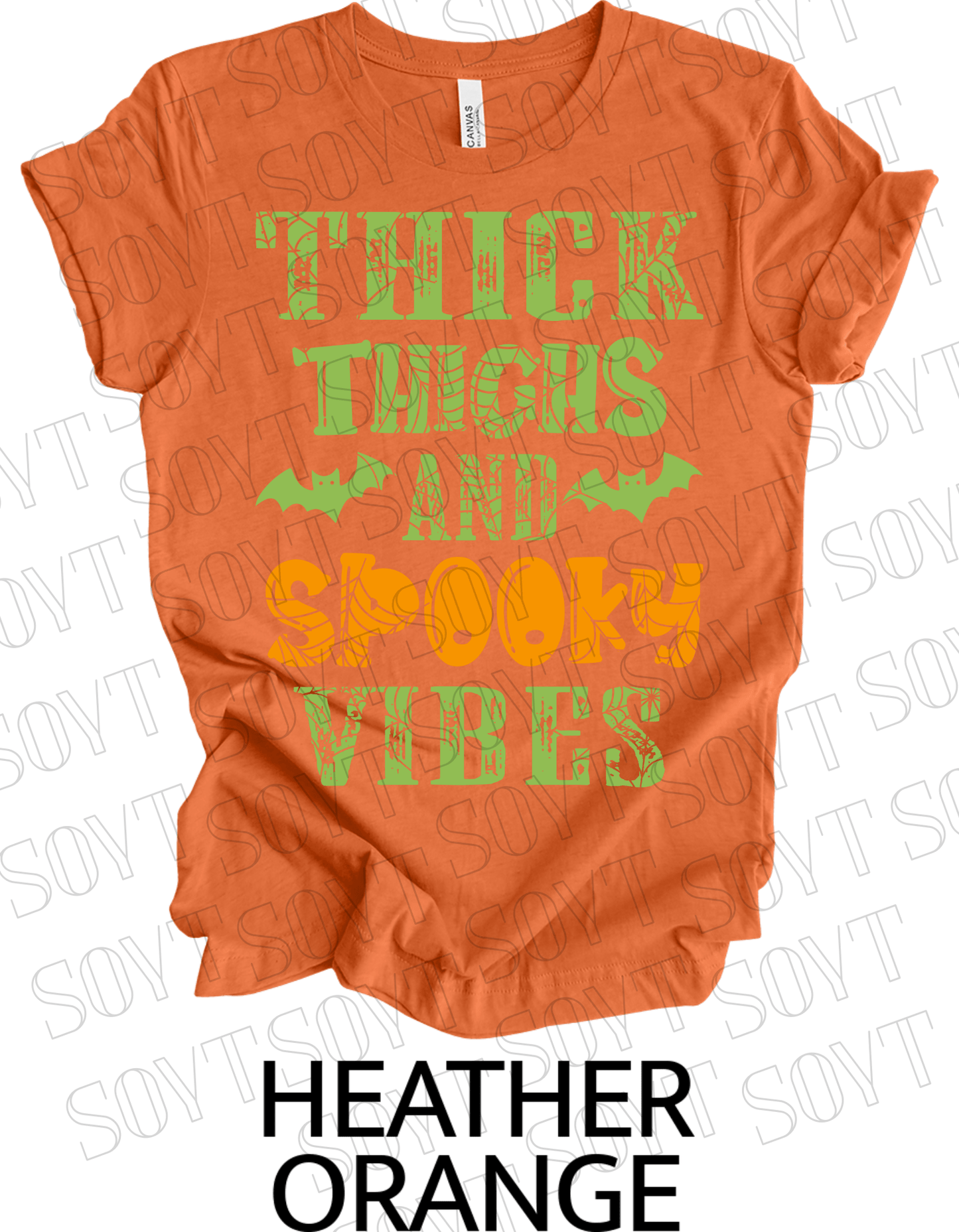 "Thick Thighs and Spooky Vibes" T-Shirt – Halloween Spiderweb & Bat Graphic Tee - Festive Apparel StoreHeather Orange