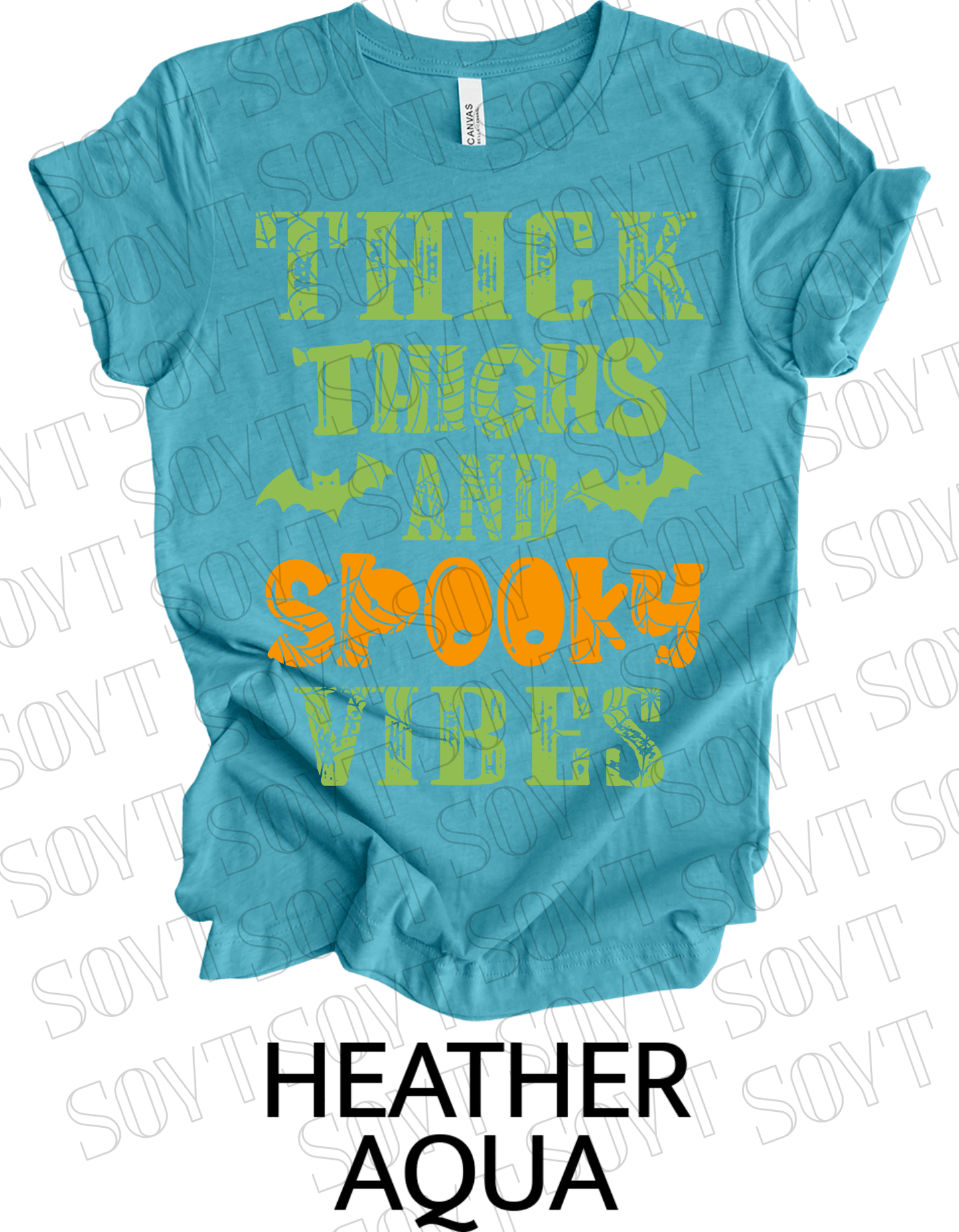 "Thick Thighs and Spooky Vibes" T-Shirt – Halloween Spiderweb & Bat Graphic Tee - Festive Apparel StoreHeather Aqua