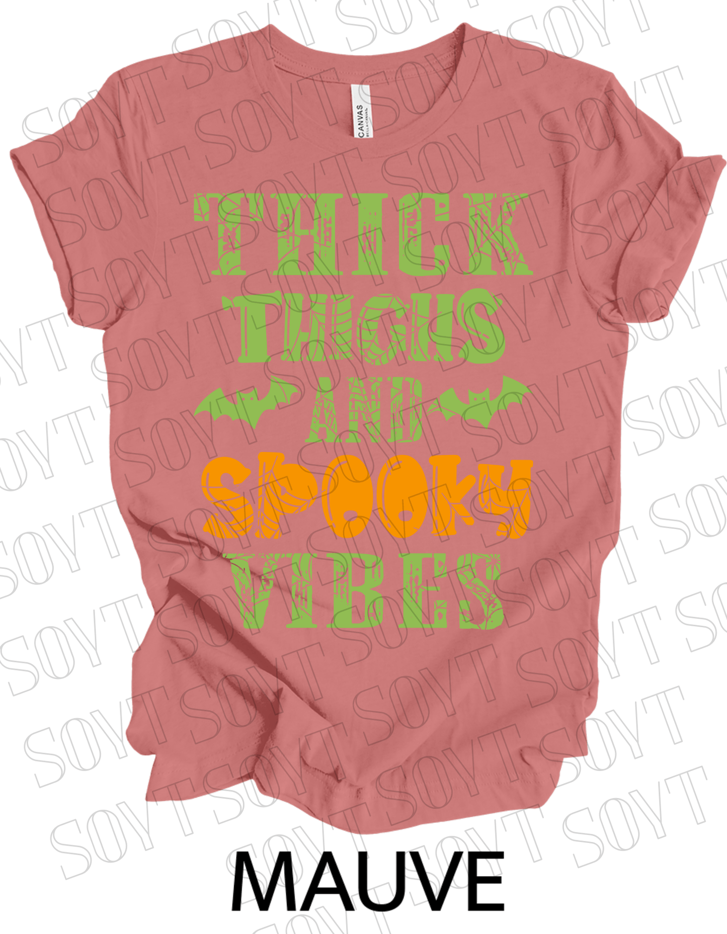 "Thick Thighs and Spooky Vibes" T-Shirt – Halloween Spiderweb & Bat Graphic Tee - Festive Apparel StoreMauve