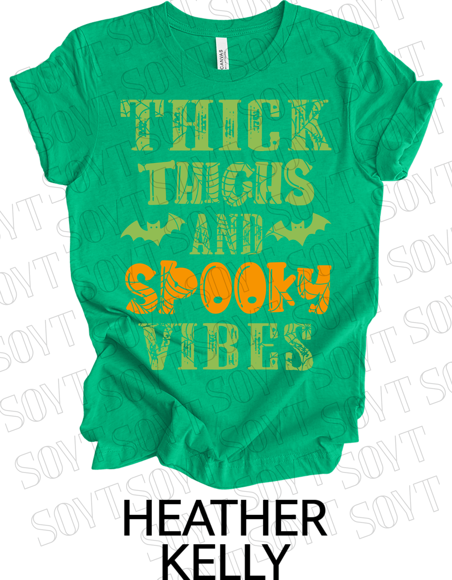 "Thick Thighs and Spooky Vibes" T-Shirt – Halloween Spiderweb & Bat Graphic Tee - Festive Apparel StoreHeather Kelly Green