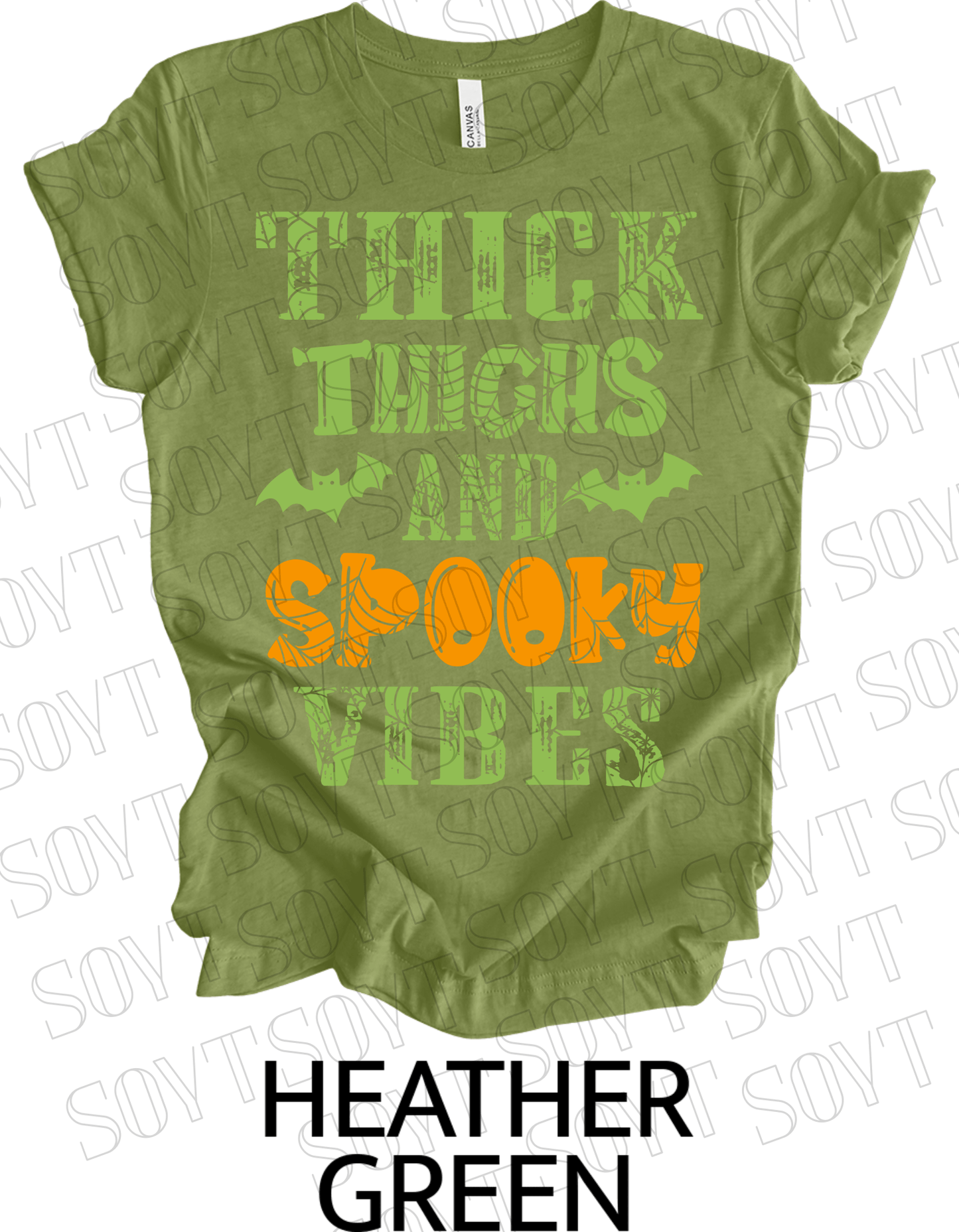 "Thick Thighs and Spooky Vibes" T-Shirt – Halloween Spiderweb & Bat Graphic Tee - Festive Apparel StoreHeather Green