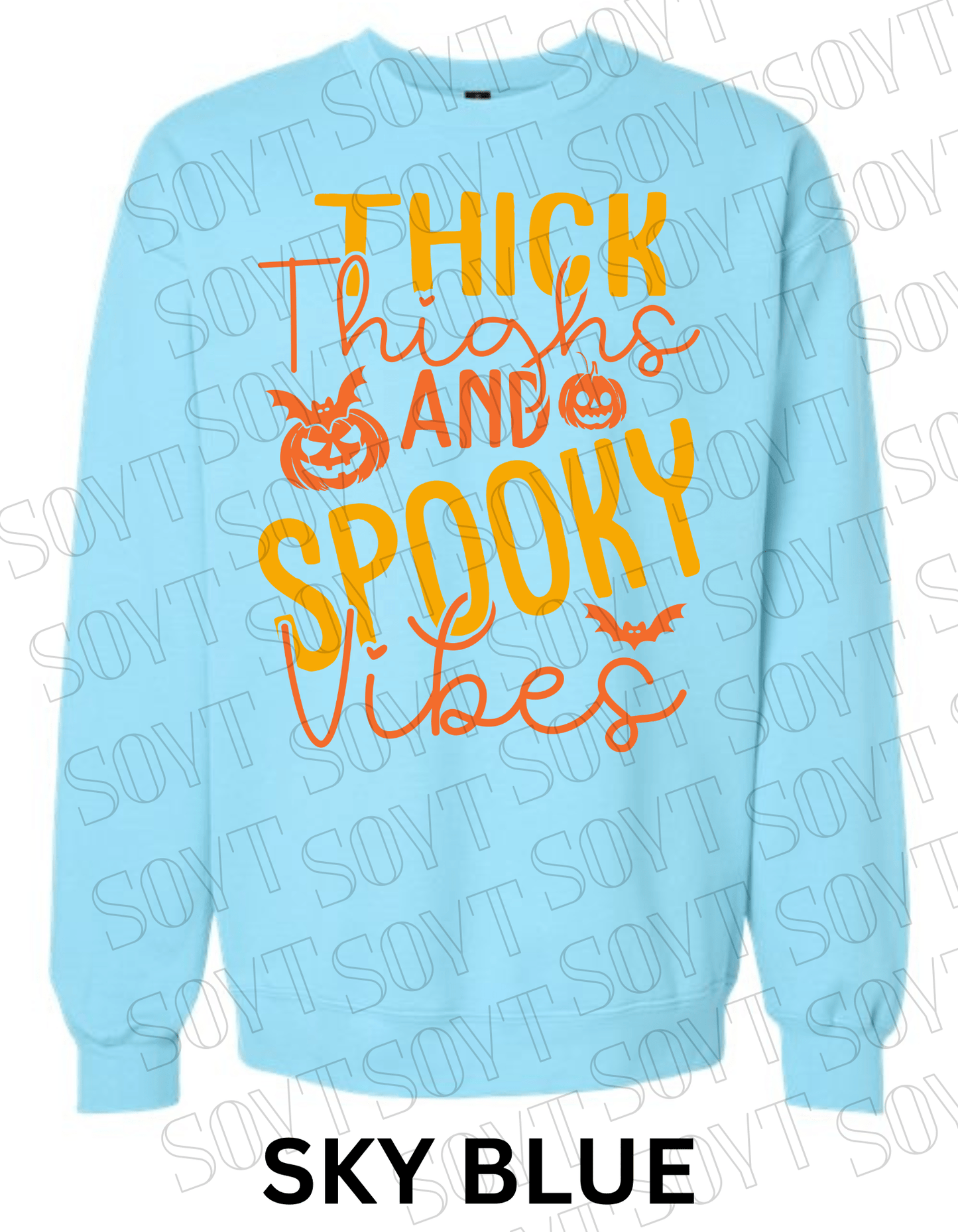 "Thick Thighs Spooky Vibes" Halloween Sweatshirt – Cute Body Positive Fall Pullover - Festive Apparel StoreSky Blue