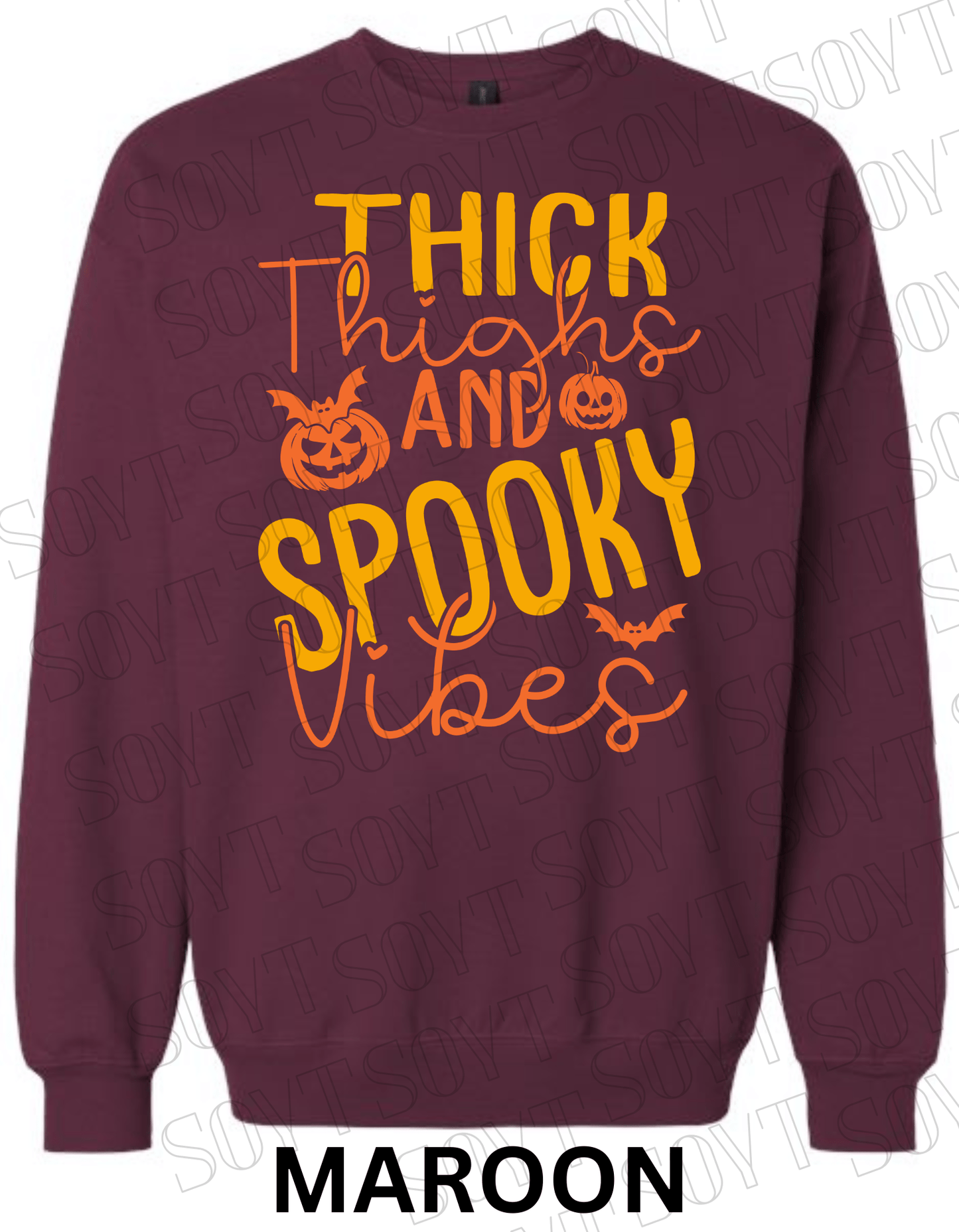 "Thick Thighs Spooky Vibes" Halloween Sweatshirt – Cute Body Positive Fall Pullover - Festive Apparel StoreMaroon