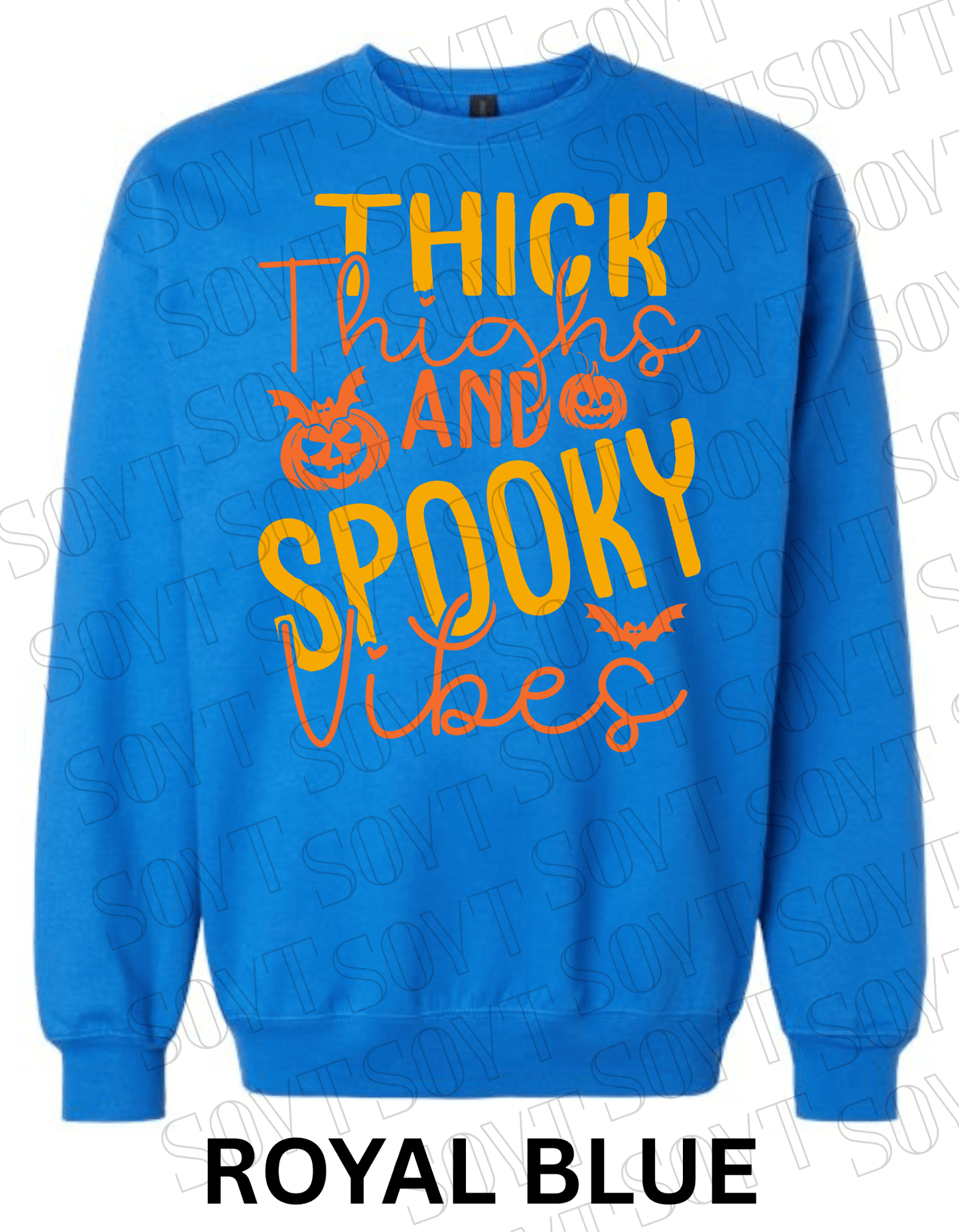 "Thick Thighs Spooky Vibes" Halloween Sweatshirt – Cute Body Positive Fall Pullover - Festive Apparel StoreRoyal Blue