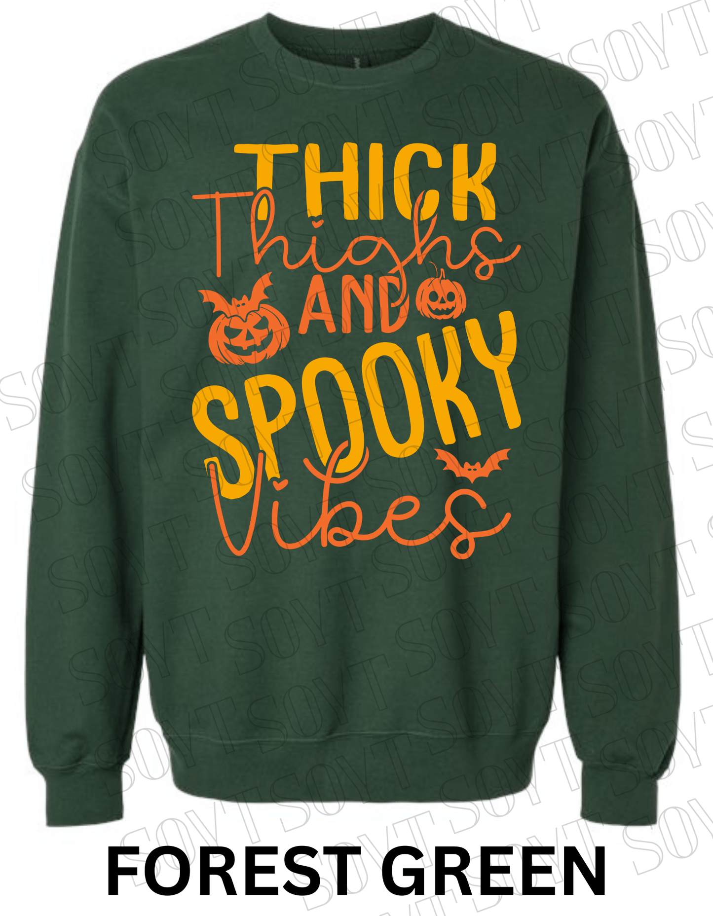 "Thick Thighs Spooky Vibes" Halloween Sweatshirt – Cute Body Positive Fall Pullover - Festive Apparel StoreForest Green