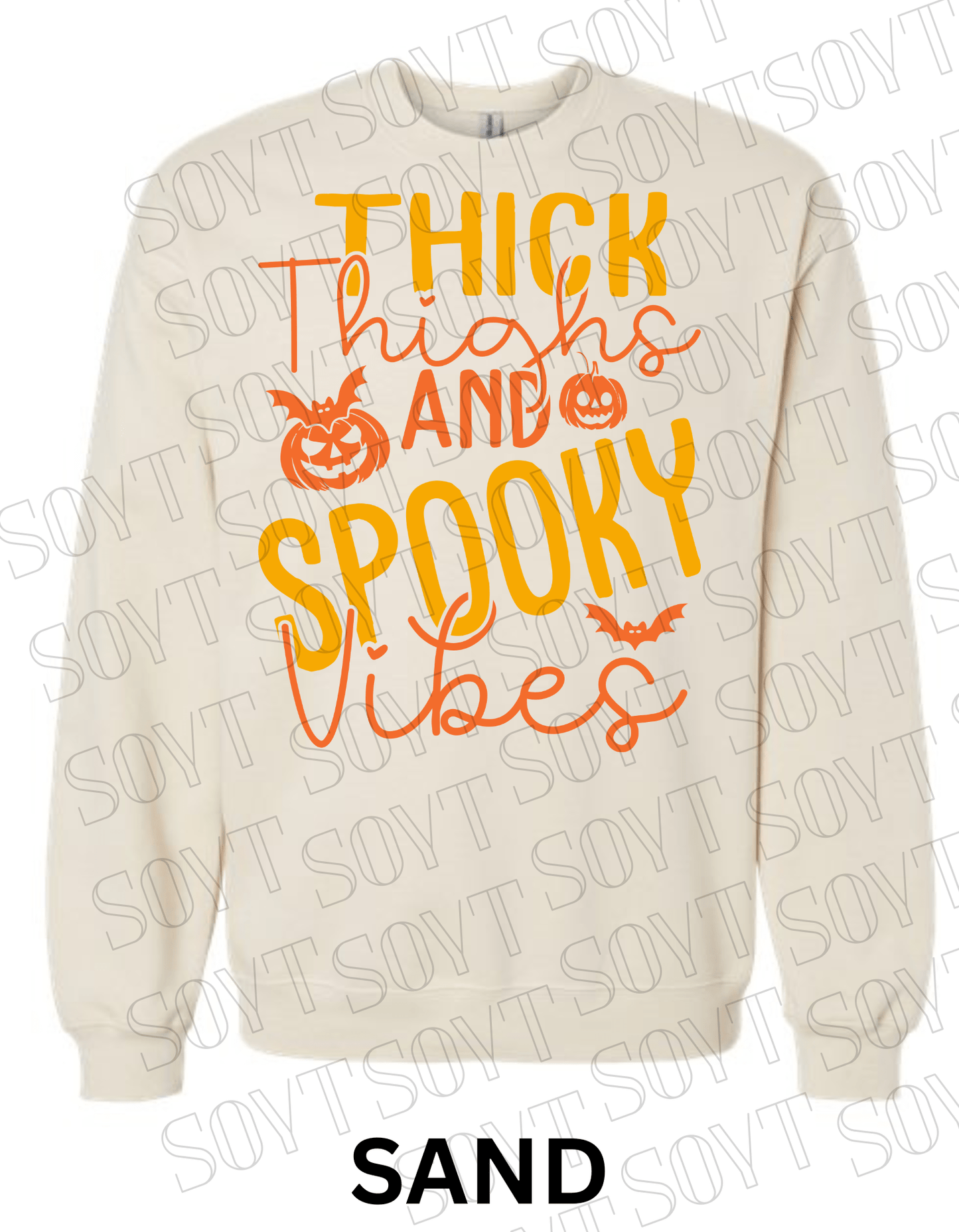 "Thick Thighs Spooky Vibes" Halloween Sweatshirt – Cute Body Positive Fall Pullover - Festive Apparel StoreSand
