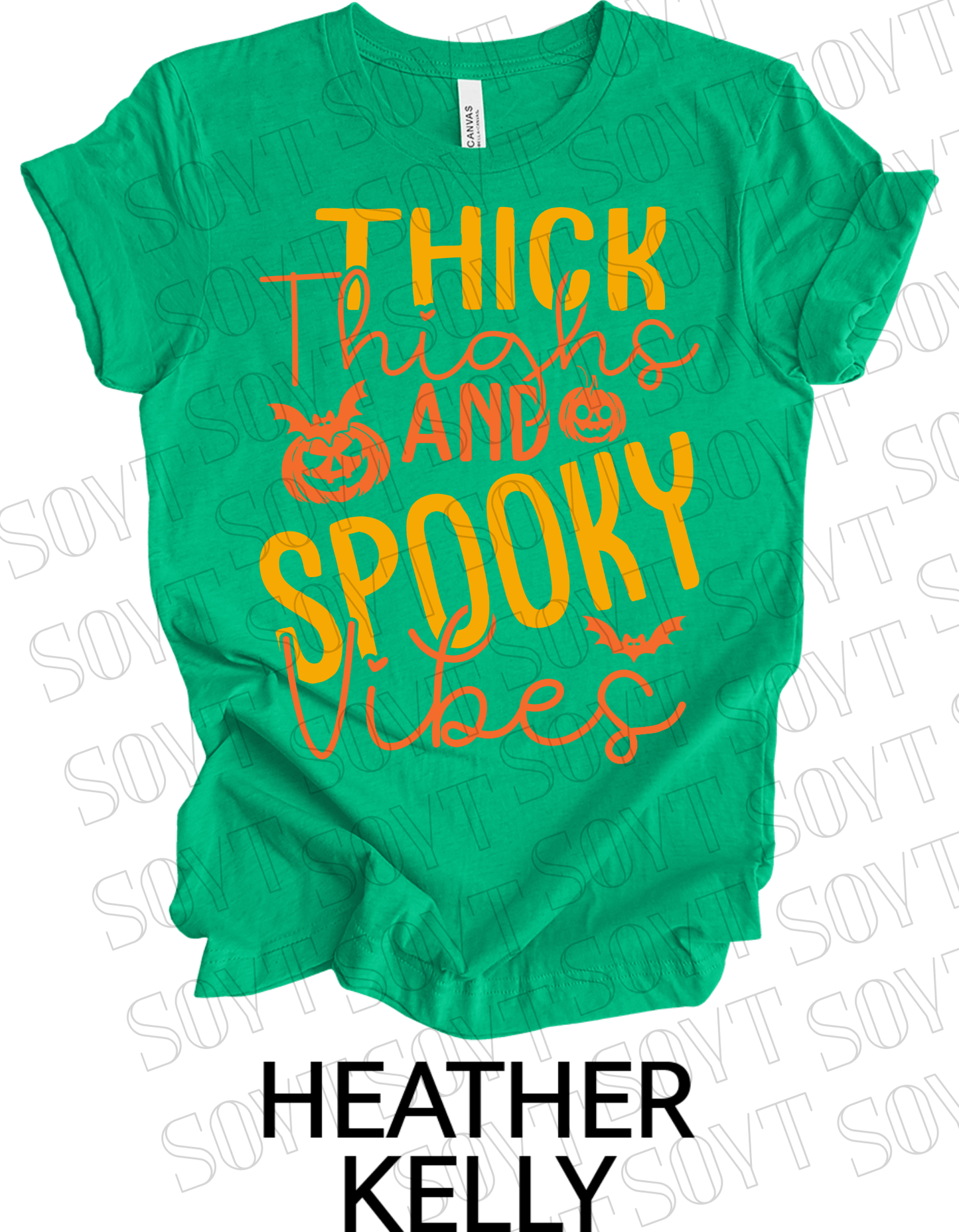 "Thick Thighs Spooky Vibes" Halloween T-Shirt – Retro Ghost & Pumpkin Graphic Tee - Festive Apparel StoreHeather Kelly Green