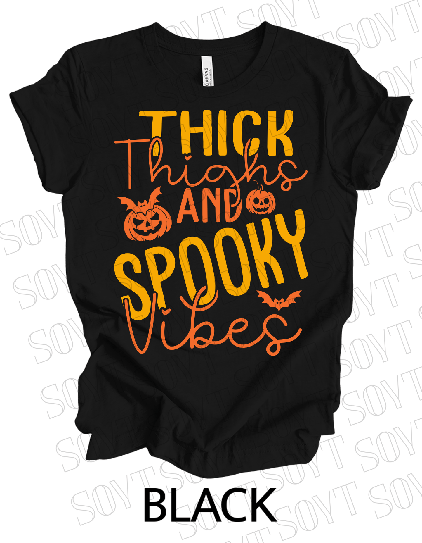 "Thick Thighs Spooky Vibes" Halloween T-Shirt – Retro Ghost & Pumpkin Graphic Tee - Festive Apparel StoreBlack