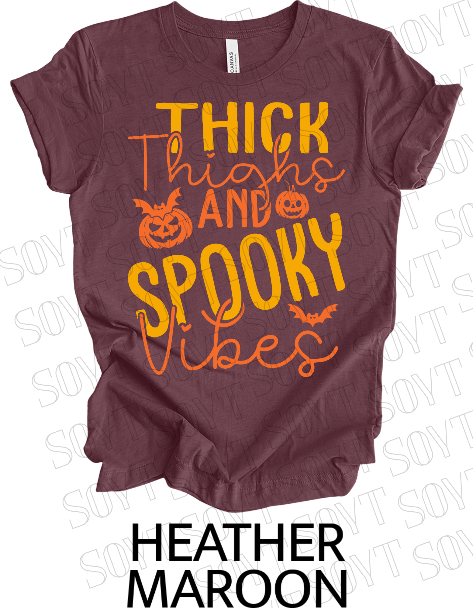 "Thick Thighs Spooky Vibes" Halloween T-Shirt – Retro Ghost & Pumpkin Graphic Tee - Festive Apparel StoreHeather Maroon