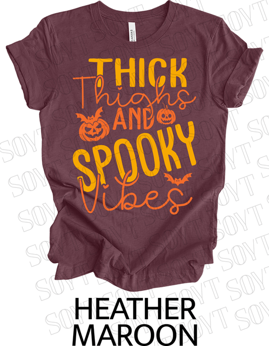 "Thick Thighs Spooky Vibes" Halloween T-Shirt – Retro Ghost & Pumpkin Graphic Tee - Festive Apparel StoreHeather Maroon